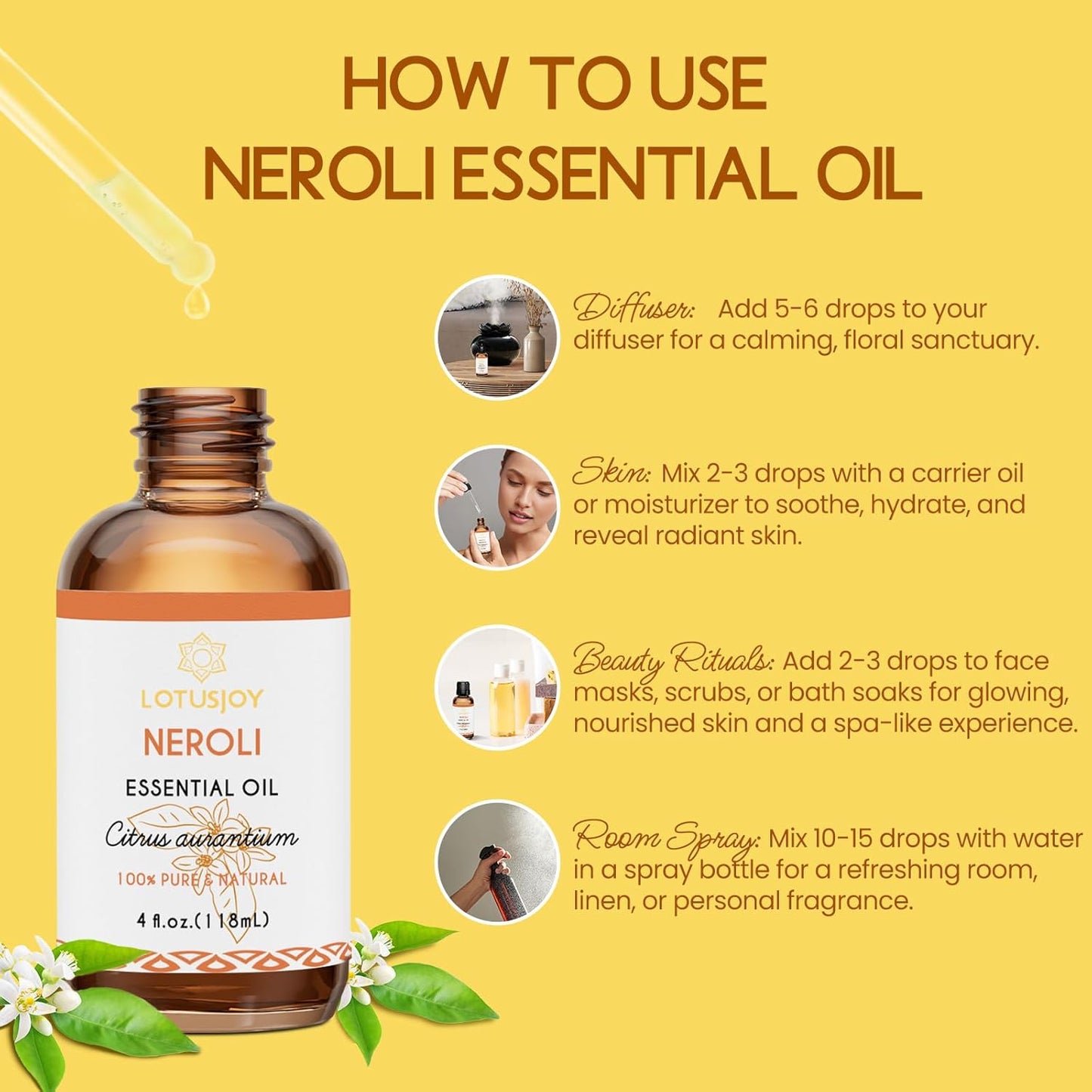 Neroli Essential Oil Organic for Skin Diffuser Room Spray, 100% Pure Bitter Orange Blossom Essential Oil Neroli 4 Oz