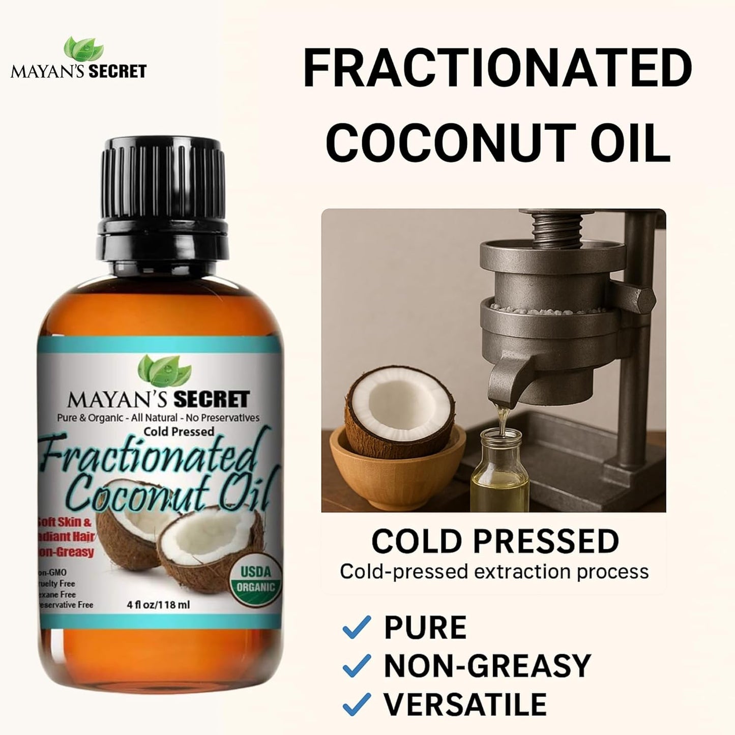 USDA Certified Organic Fractionated Coconut Oil, for Aromatherapy Relaxing Massage, Carrier Oil for Diluting Essential Oils, Hair & Skin Care Benefits, Moisturizer & Softener