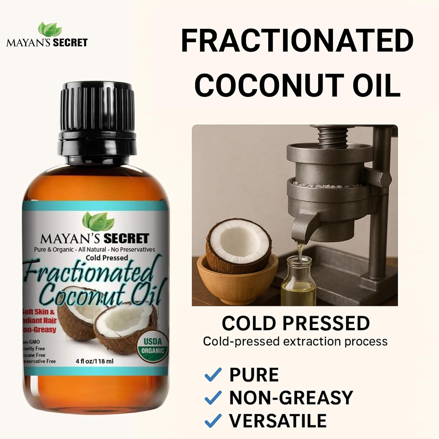 USDA Certified Organic Fractionated Coconut Oil, for Aromatherapy Relaxing Massage, Carrier Oil for Diluting Essential Oils, Hair & Skin Care Benefits, Moisturizer & Softener