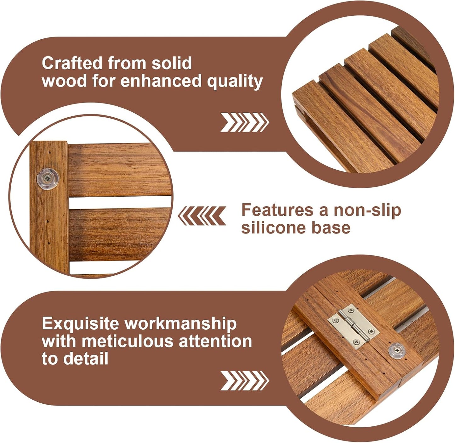 Wood Shower Bath Mat - Foldable Wooden Bathroom Mat, Bamboo Teak Acacia Floor Mat Rugs for Inside Shower Platform Outdoor Indoor