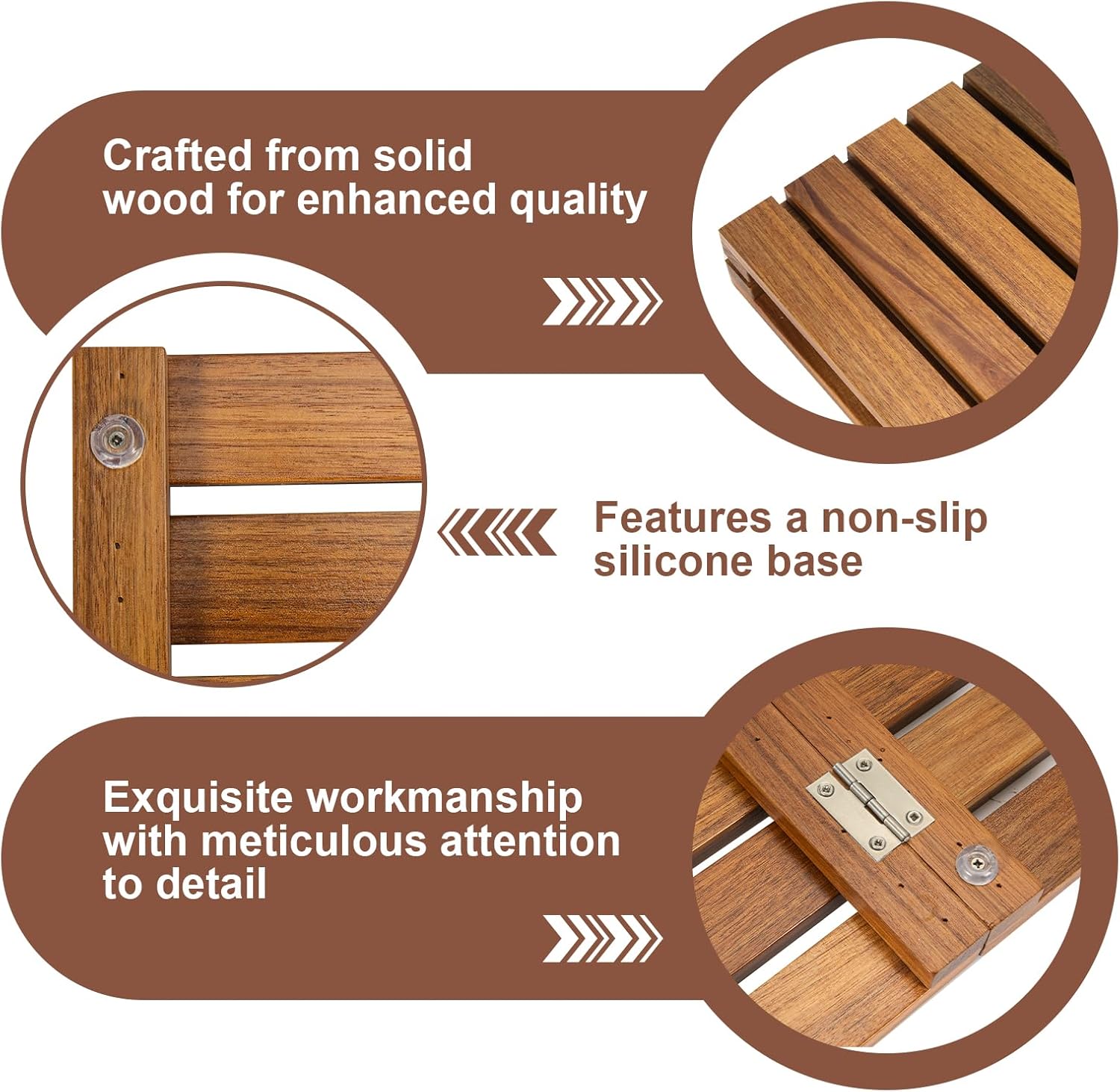 Wood Shower Bath Mat - Foldable Wooden Bathroom Mat, Bamboo Teak Acacia Floor Mat Rugs for Inside Shower Platform Outdoor Indoor