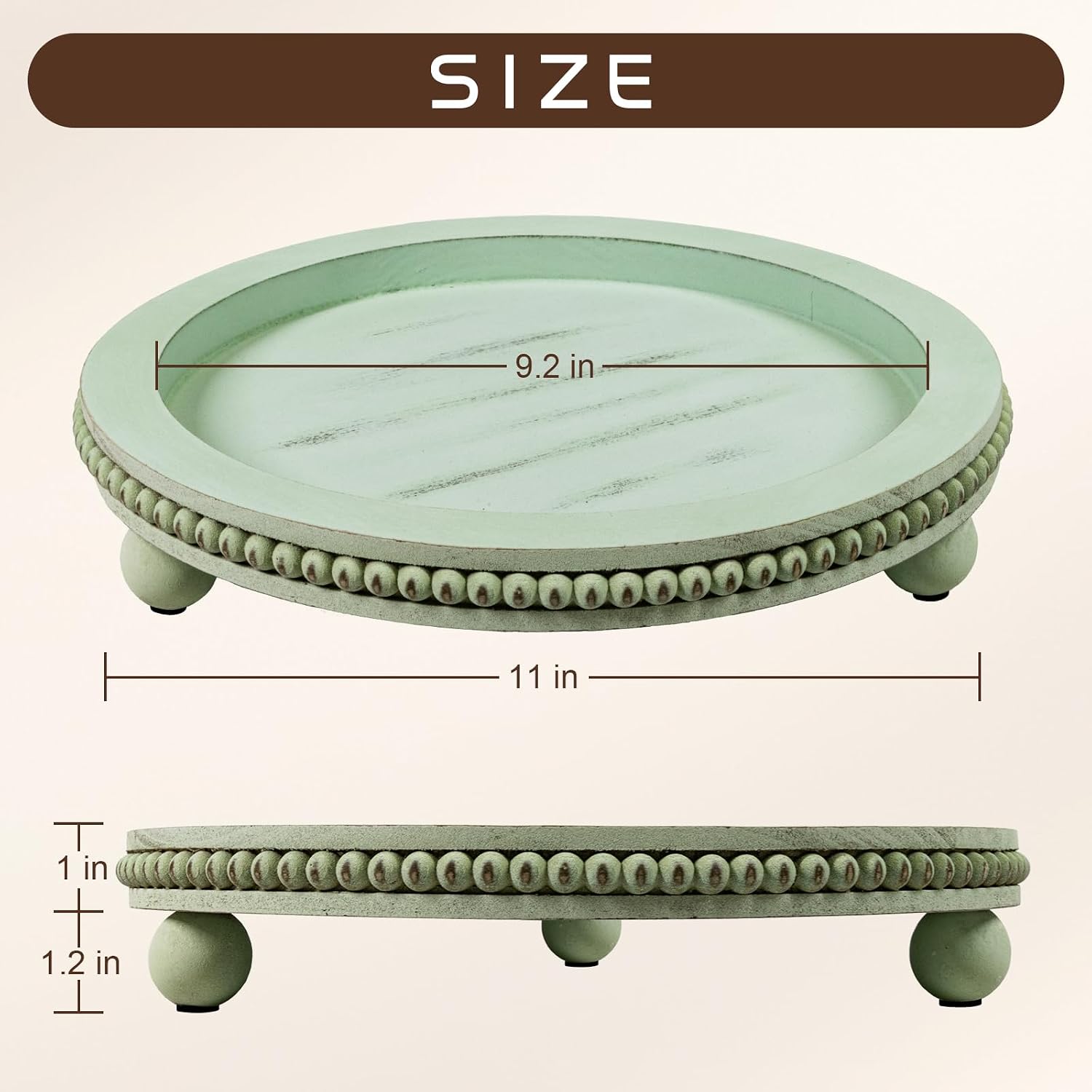 Candle Plate Hold Tray, Sage Round Trays, Wooden Decorative Tray for Coffee Table Decor, Beaded Edge Wood Tray Riser for Living Room Table, Mug Display Decorative, Table Centerpiece, Rustic Green