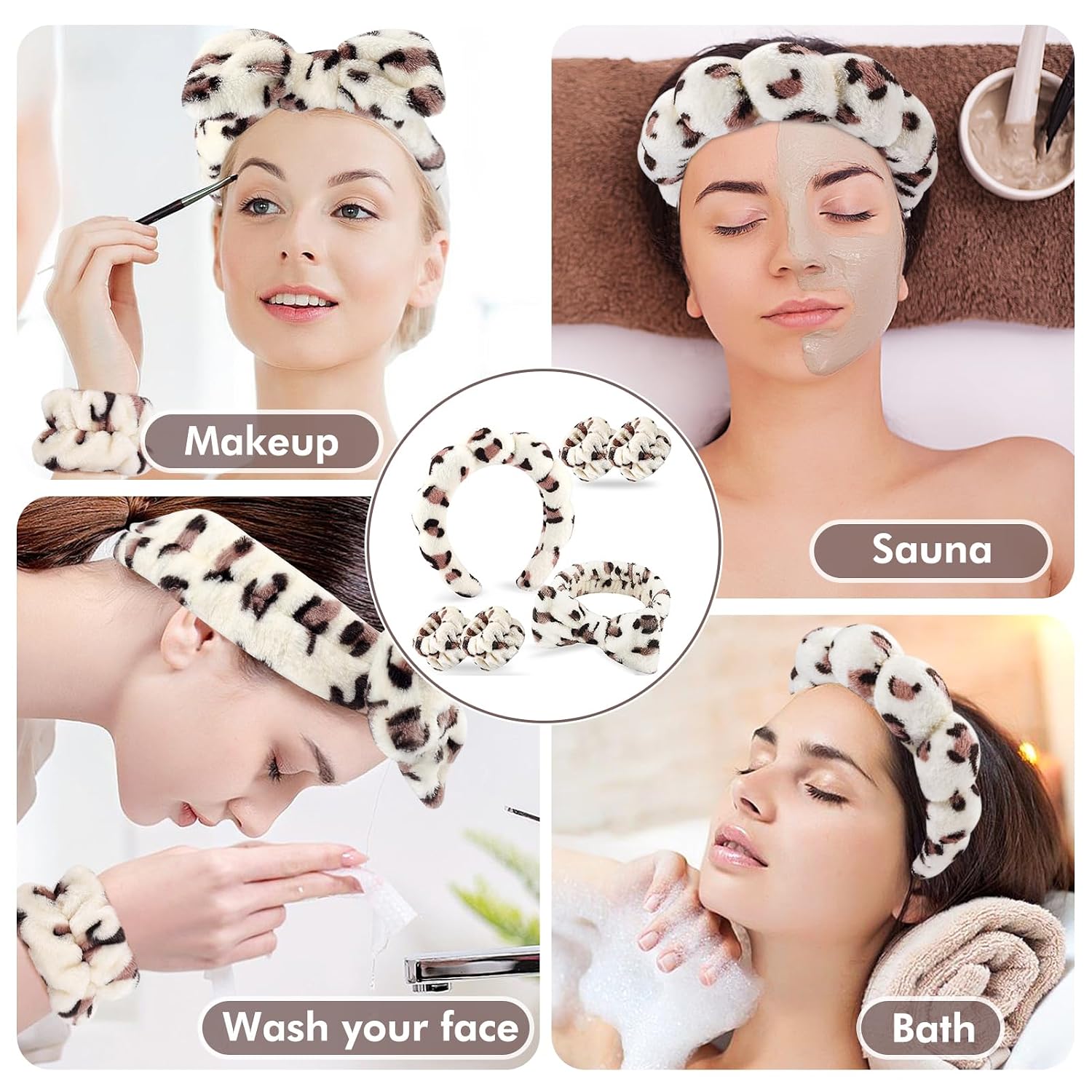 Zkptops 6Pcs Spa Headband for Washing Face Wristbands Set Women Bubble Makeup Sponge Plush Padded Puffy Skincare Headband Bow Tie Hairband Cute Non Slip Thick Hair Accessory Gifts(Beige Leopard)