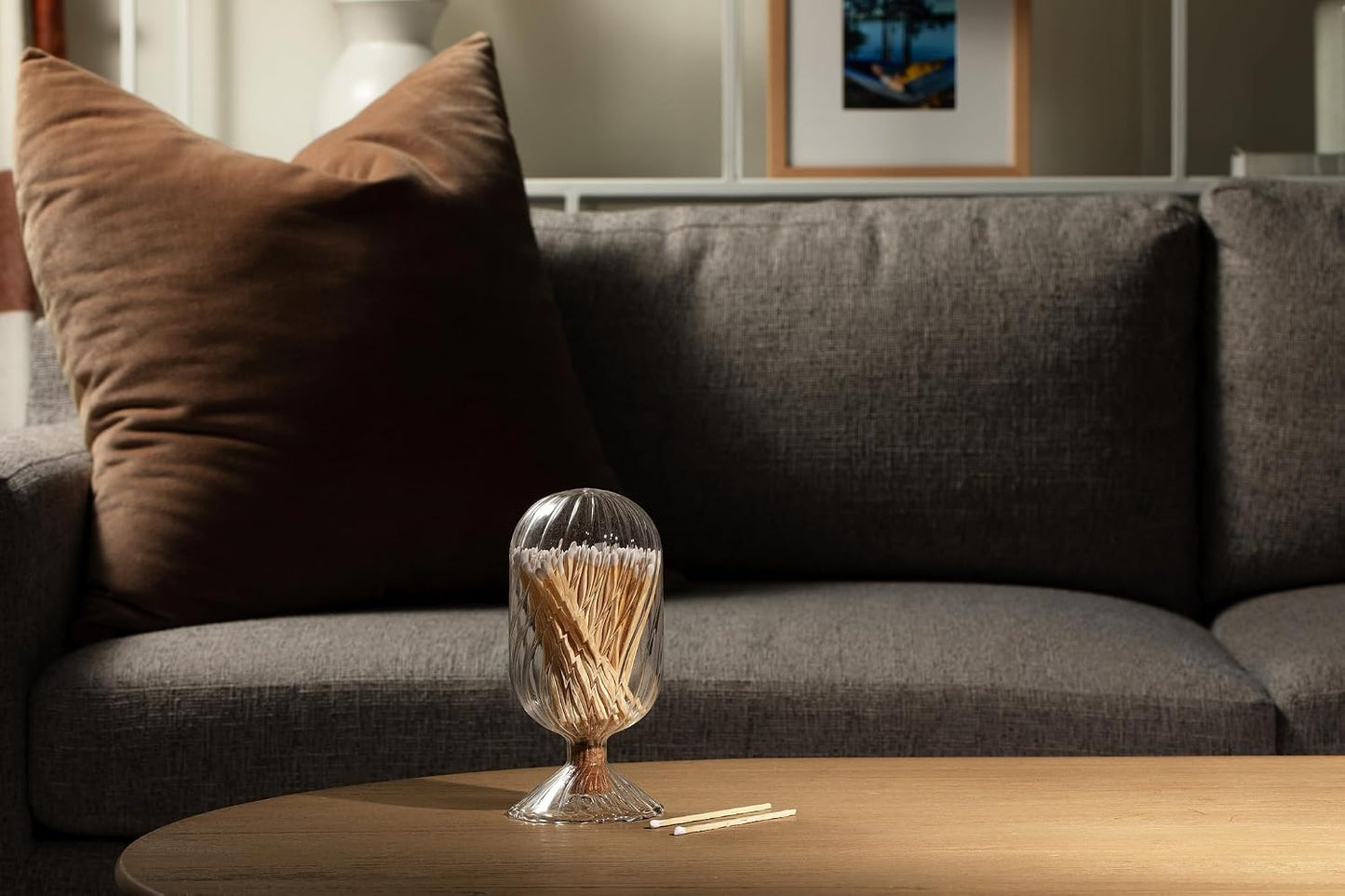 Premium Helix Glass Cloche - Decorative Jar with Striker. Holder for Long Matches for Candles, Fireplace, Bathroom Accessories, Bath Salts. Includes Attachable Match Striker. (No Matches)