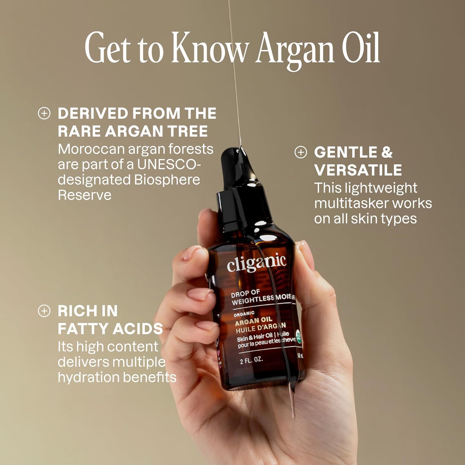Cliganic Organic Argan Oil, 100% Pure (1oz) - for Hair, Face & Skin | Cold Pressed Carrier Oil