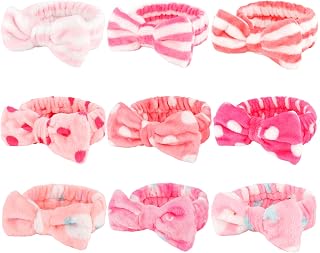 WHAVEL 9 Pack Pink Microfiber Hairband for Washing Face, Makeup Headband Skincare Headbands with Cute Bow, Fluffy Face Wash Headband for Women
