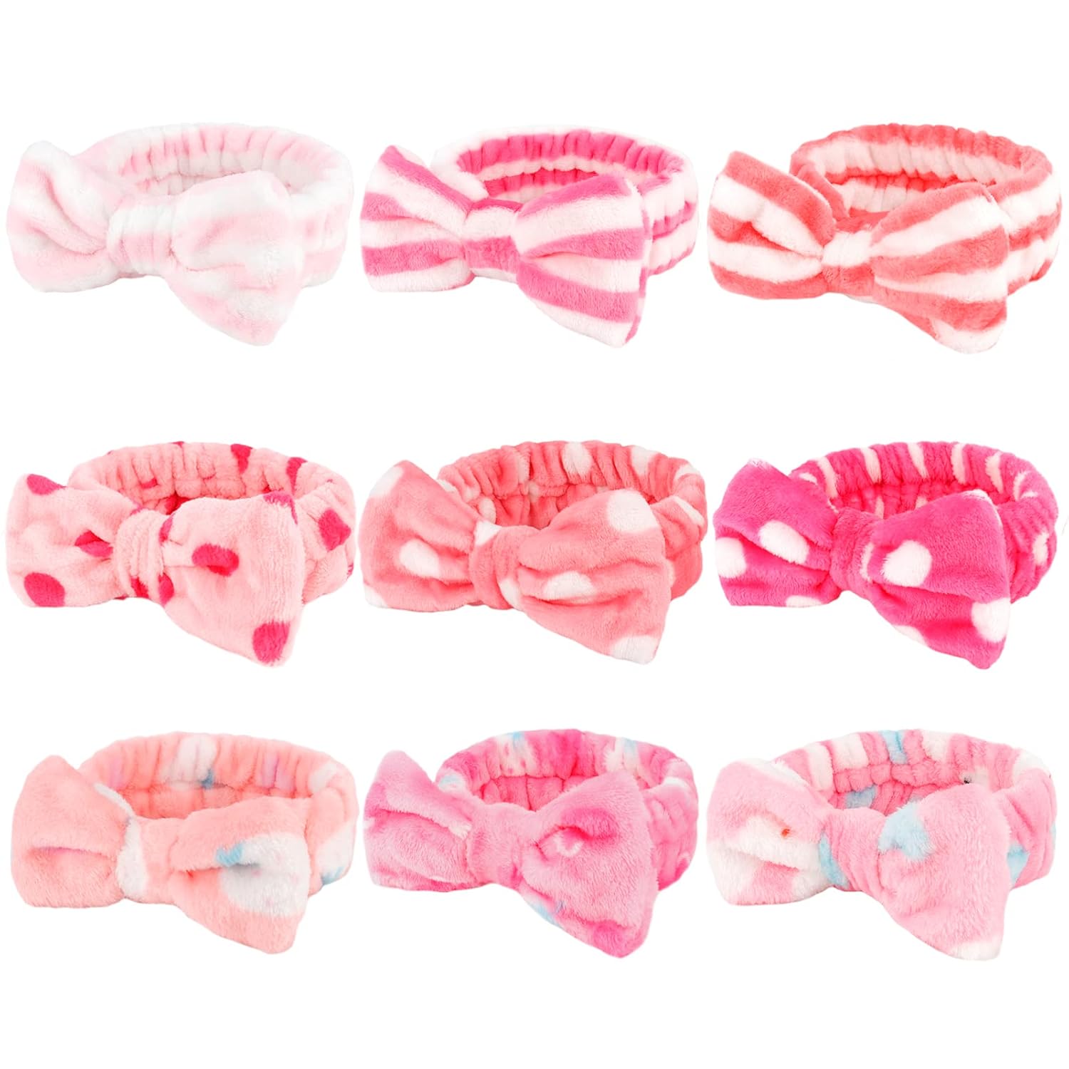 WHAVEL 9 Pack Pink Microfiber Hairband for Washing Face, Makeup Headband Skincare Headbands with Cute Bow, Fluffy Face Wash Headband for Women