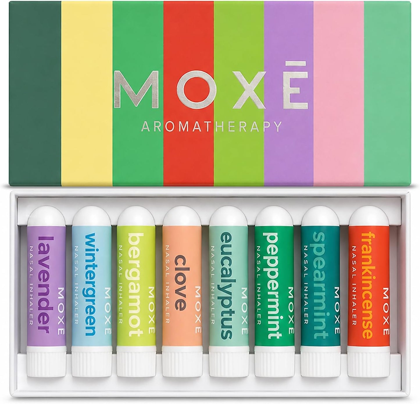 MOXĒ Nasal Inhalers Bundle, 8 Essential Oils, 100% Pure and Undiluted, Therapeutic Grade, No-Mess Portable Aromatherapy, Includes Eucalyptus, Peppermint, Lavender, Wintergreen, Made in USA - Pack of 8