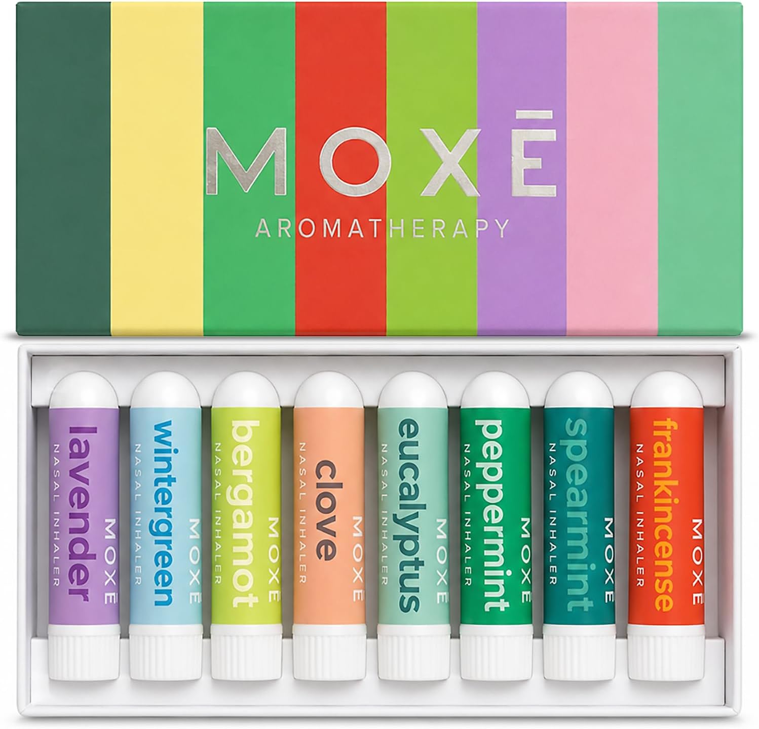 MOXĒ Nasal Inhalers Bundle, 8 Essential Oils, 100% Pure and Undiluted, Therapeutic Grade, No-Mess Portable Aromatherapy, Includes Eucalyptus, Peppermint, Lavender, Wintergreen, Made in USA - Pack of 8
