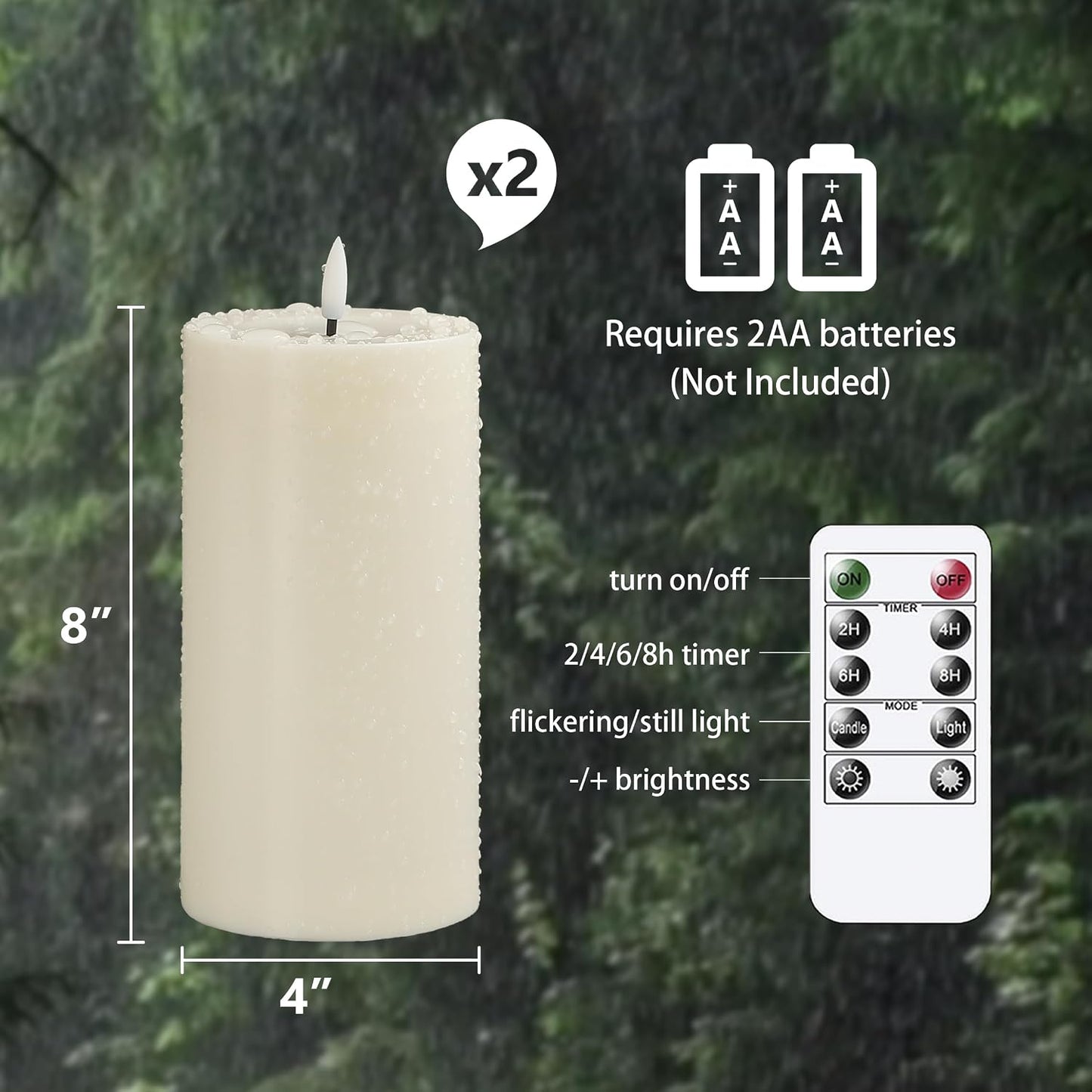 Waterproof Flickering Plastic Flameless with Cycle Timer & Remote Control, Pack of 2 Fake Battery Operated Candle Grease Outdoor Pillar LED Candles (Ivory, 4" x8")