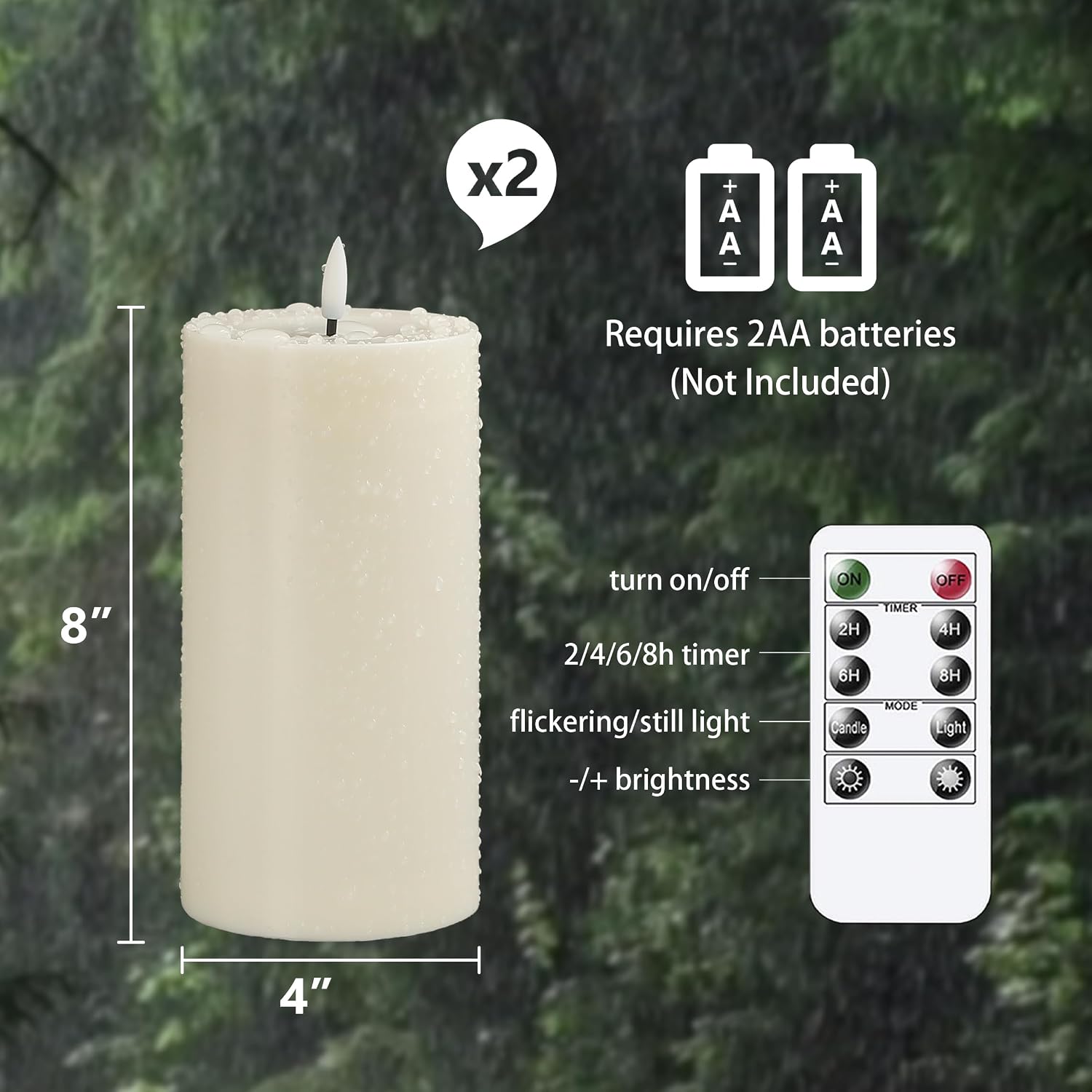 Waterproof Flickering Plastic Flameless with Cycle Timer & Remote Control, Pack of 2 Fake Battery Operated Candle Grease Outdoor Pillar LED Candles (Ivory, 4" x8")