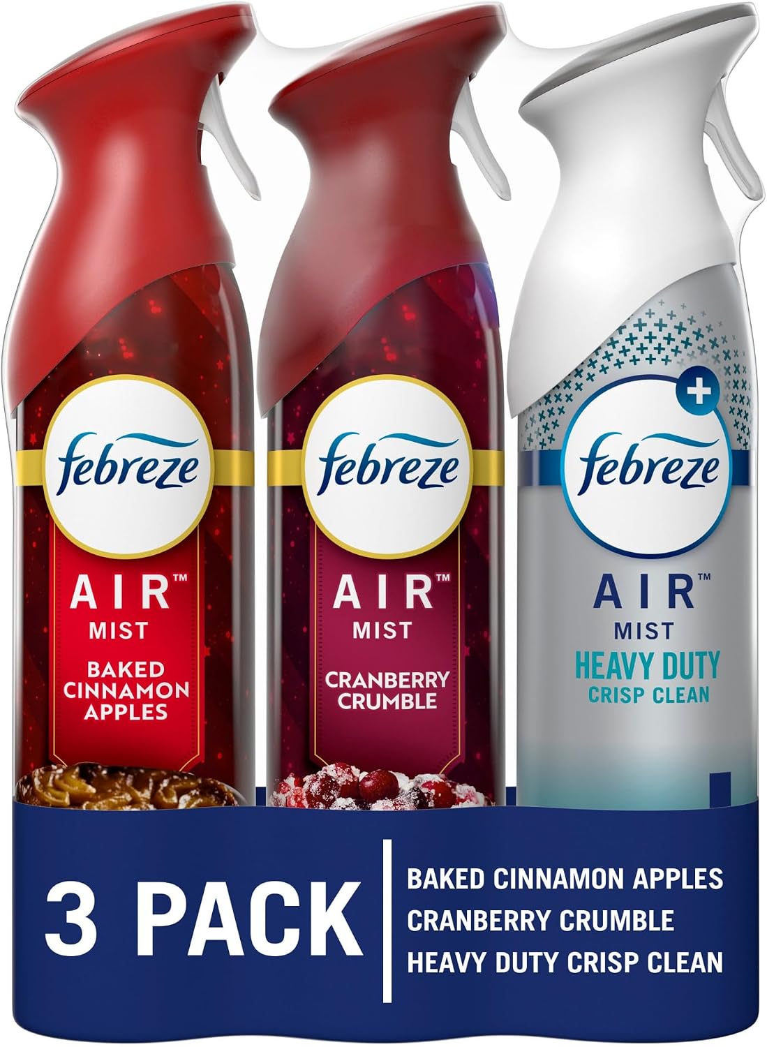 Febreze Air Mist Air Freshener Spray, Odor-Fighting Room Spray for Home, Bathroom, & Kitchen, Holiday Scents, Baked Cinnamon Apples & Cranberry Crumble & Heavy Duty Scents, 8.8oz, 3ct (1 of each)