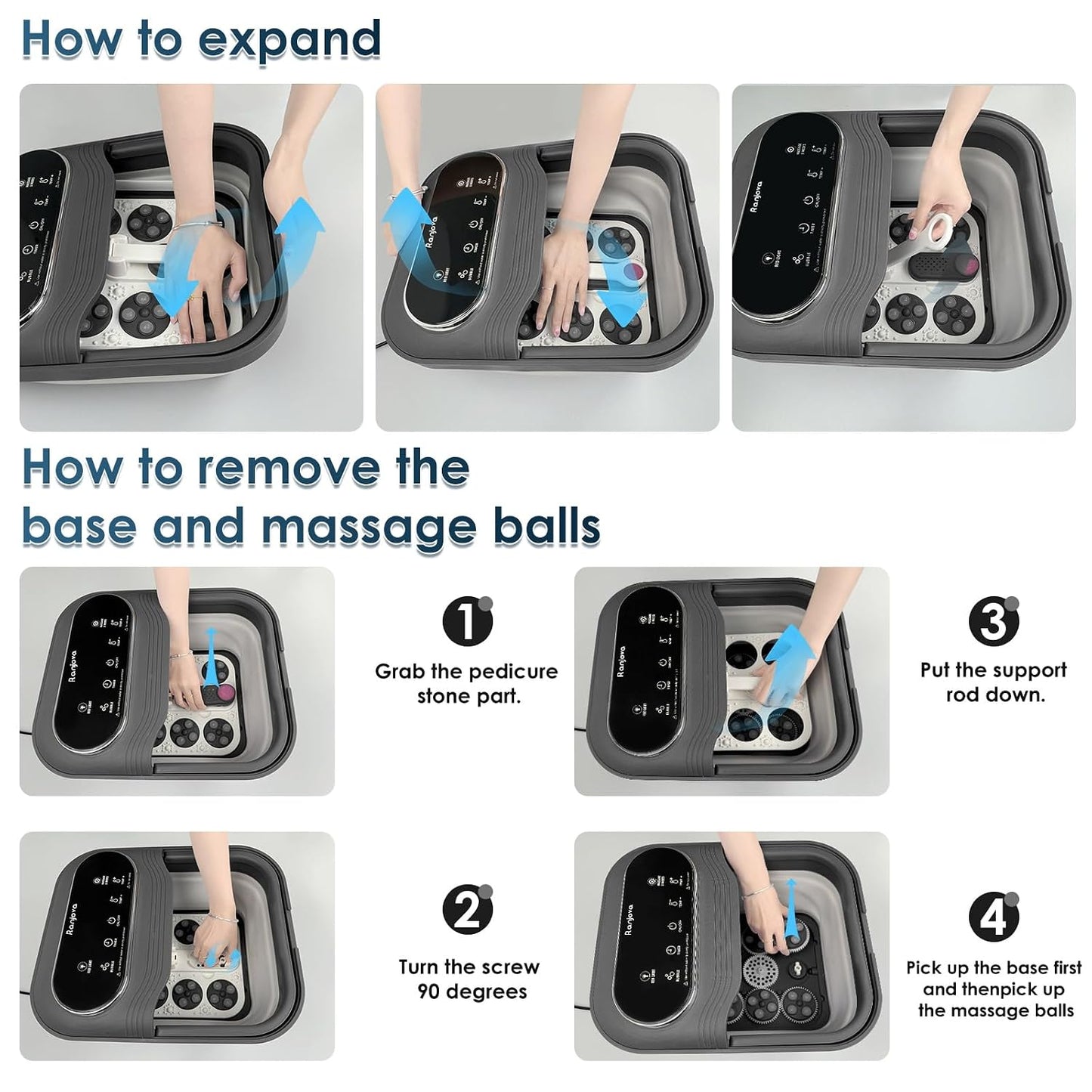 Collapsible Foot Spa Electric Rotary Massage, Foot Bath with Remote Control, Heat, Bubble, Temp Control, and 24 Motorized Shiatsu Massage Balls, Pedicure Foot Spa Tub for Stress Relief (Black)