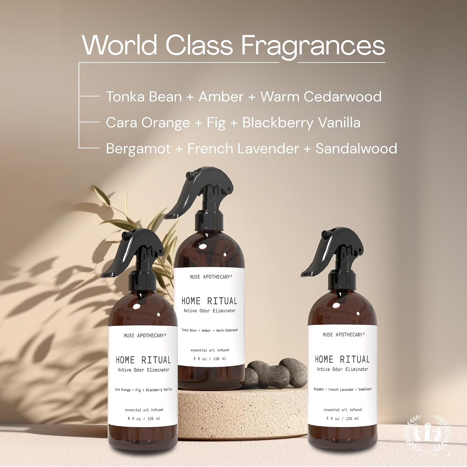 Muse Apothecary Home Ritual Active Odor Eliminator Spray - Furniture Deodorizer Spray & Bathroom Odor Eliminator for Home - Essential Oil Air Freshener - 4oz, Bergamot + French Lavender + Sandalwood
