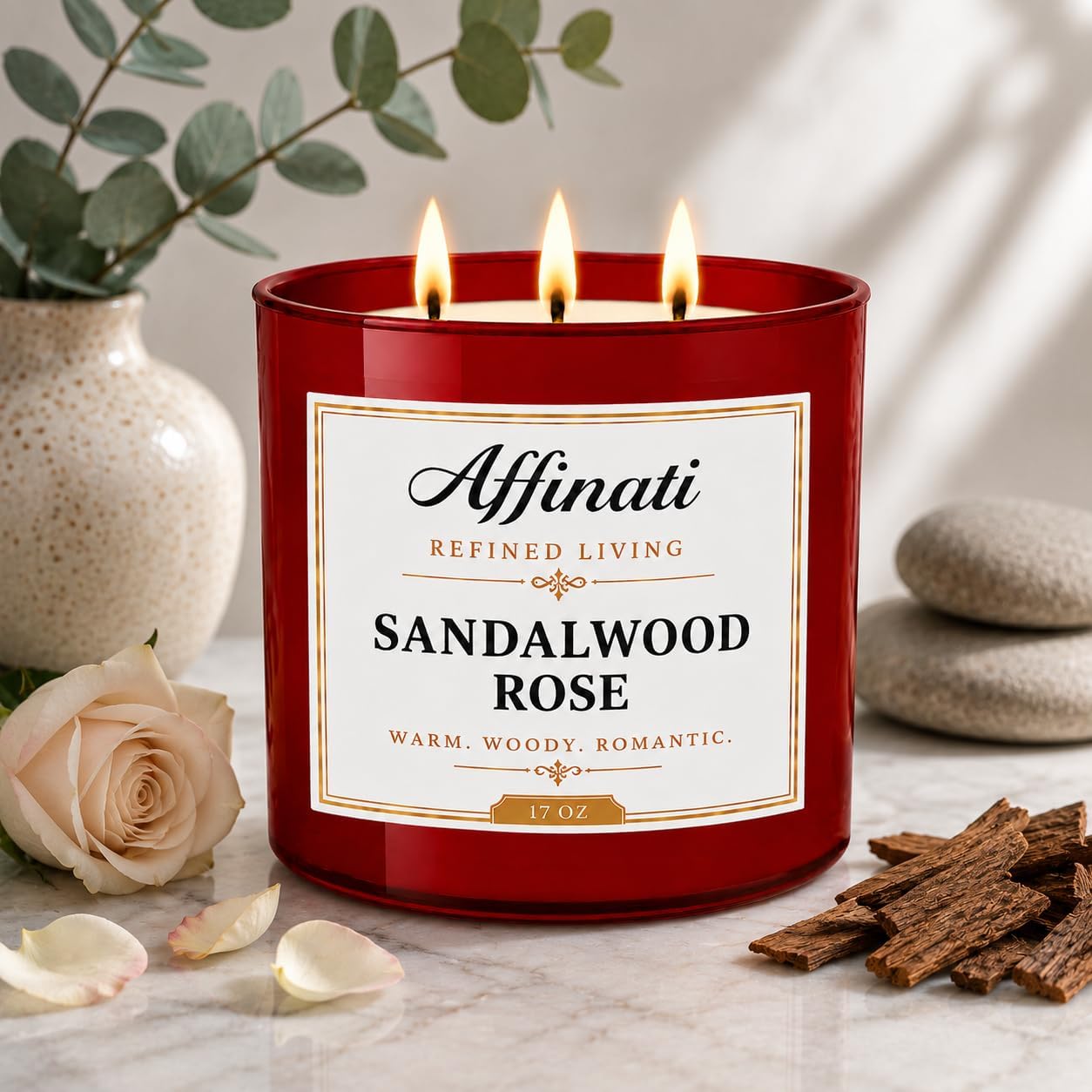Affinati Sandalwood Rose 3-Wick Scented Candle – Large Soy Blend Candle, Strong Scent Throw Rich Woody Floral Aromatherapy Candle, Premium Elegant Gift for Women