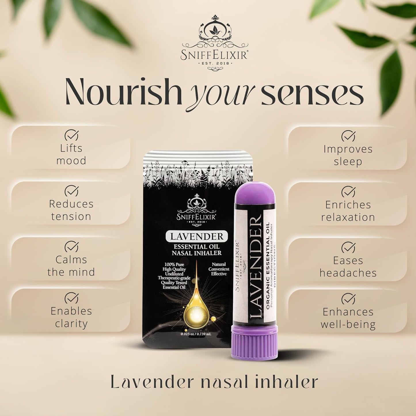 Lavender Essential Oil Aromatherapy Nasal Stick Vapor Inhaler for Sleep Aid, Meditation, Relaxation - USA Made with Organic Essential Oils, Natural Mood Support