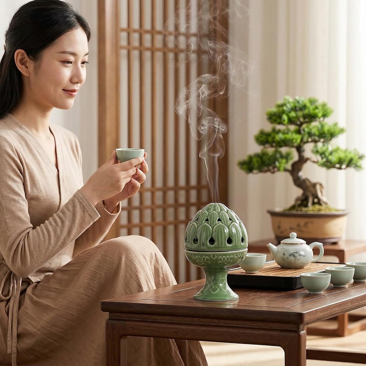 Mini Ceramic Incense Burner - Chinese Classic Plum Green Celadon Glaze, Fragrance Cone & Stick Holder Palo Santo/Sage/Herb Burner for Meditation, Yoga, Desk Decor, Zen Relaxation Gift (Lotus)