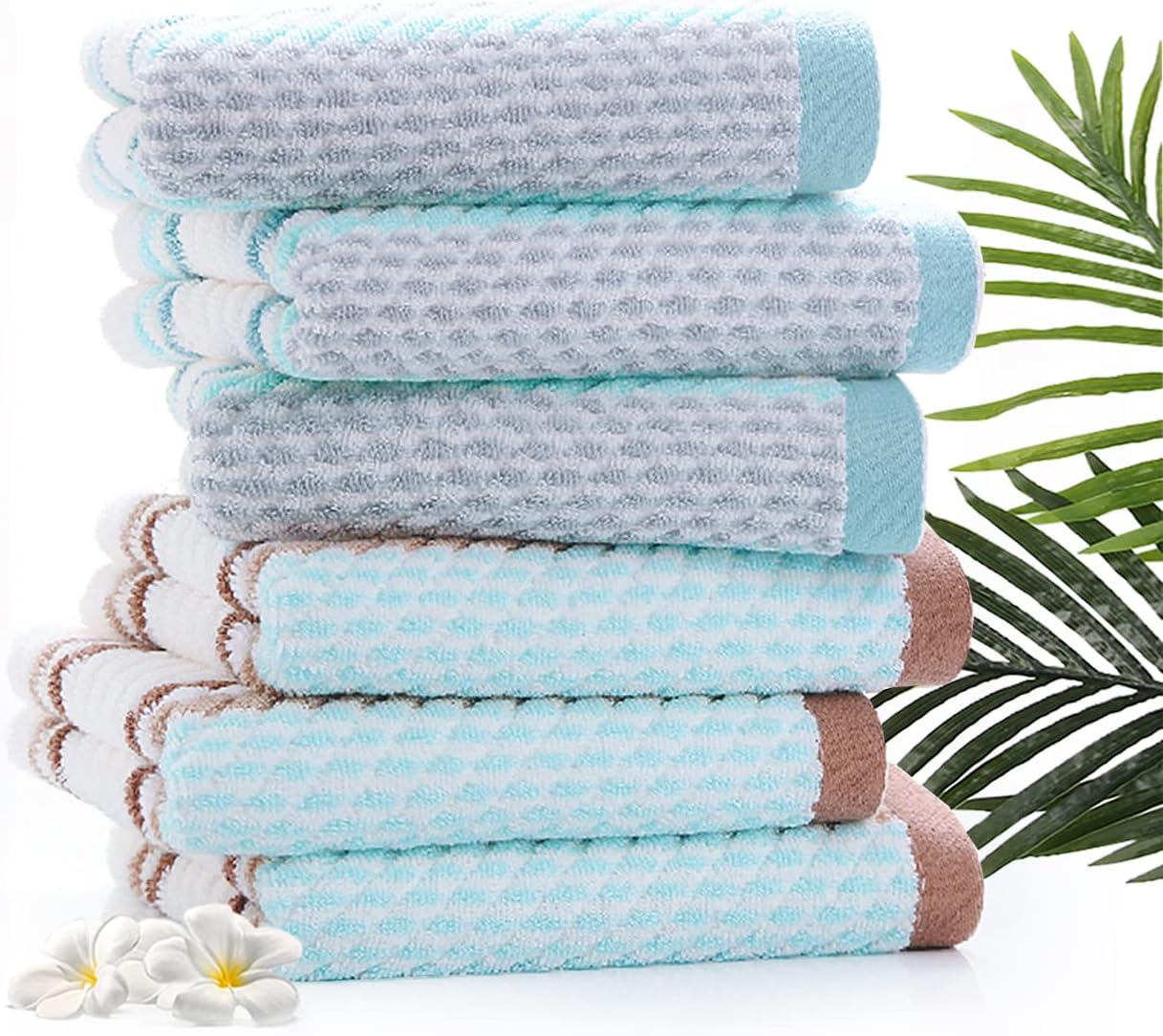 Pidada Hand Towels Set of 2 Striped Pattern 100% Cotton Soft Absorbent Decorative Towel for Bathroom (Green)