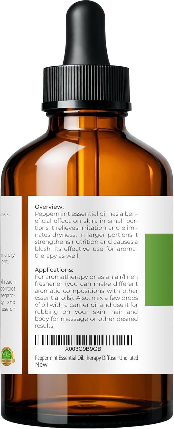 velona Peppermint Essential Oil 4 Fl Oz | Therapeutic Grade | for Aromatherapy Diffuser, Massage, Skincare, Haircare, Soapmaking | Undiluted and Multipurpose