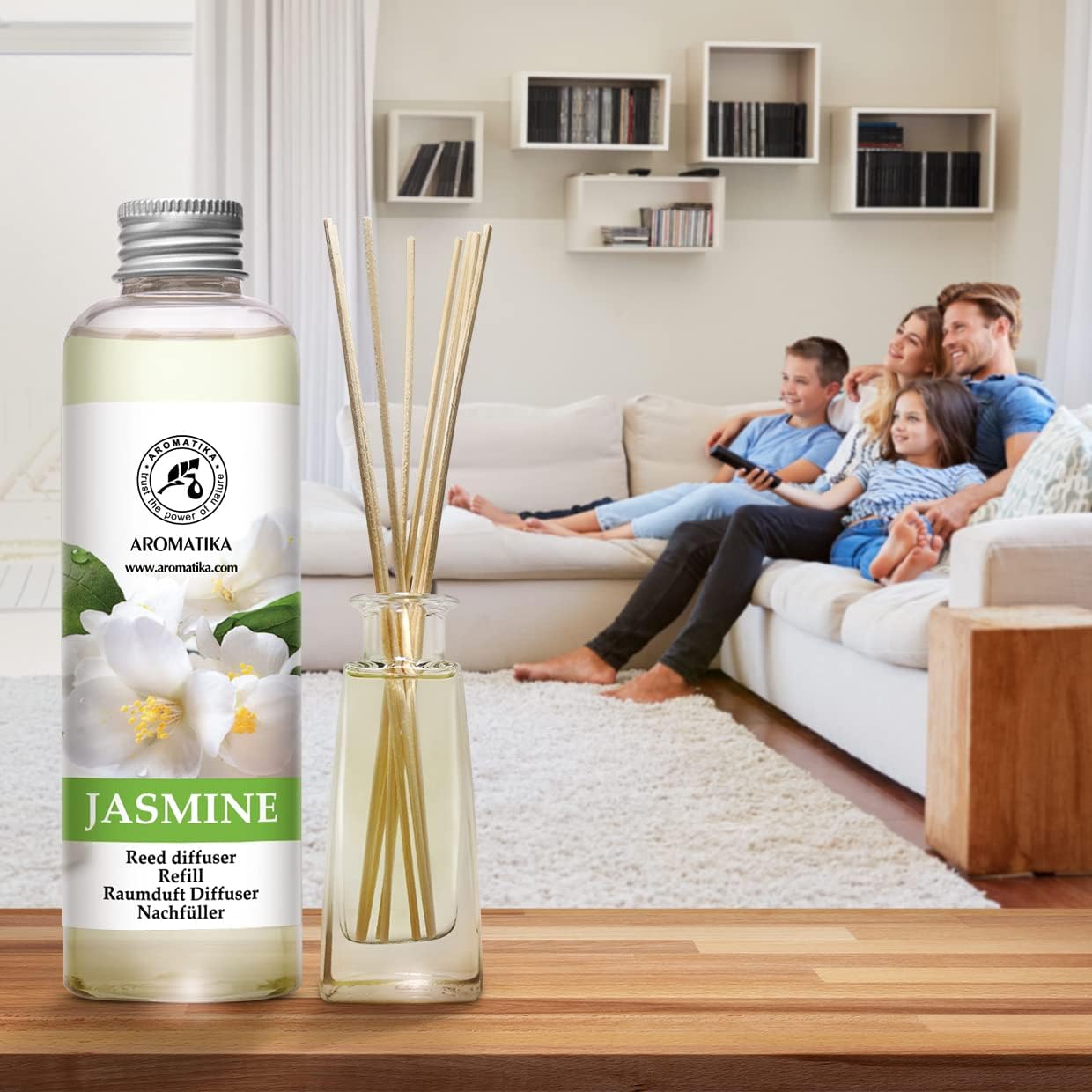 AROMATIKA Jasmine Essential Oil 200ml - Natural Reed Diffuser Refill for Long-Lasting Fragrance - Jasminum Officinale Oil - Air Freshener for Home, Office, Spa, Salon, Restaurant, Cafe, Bar