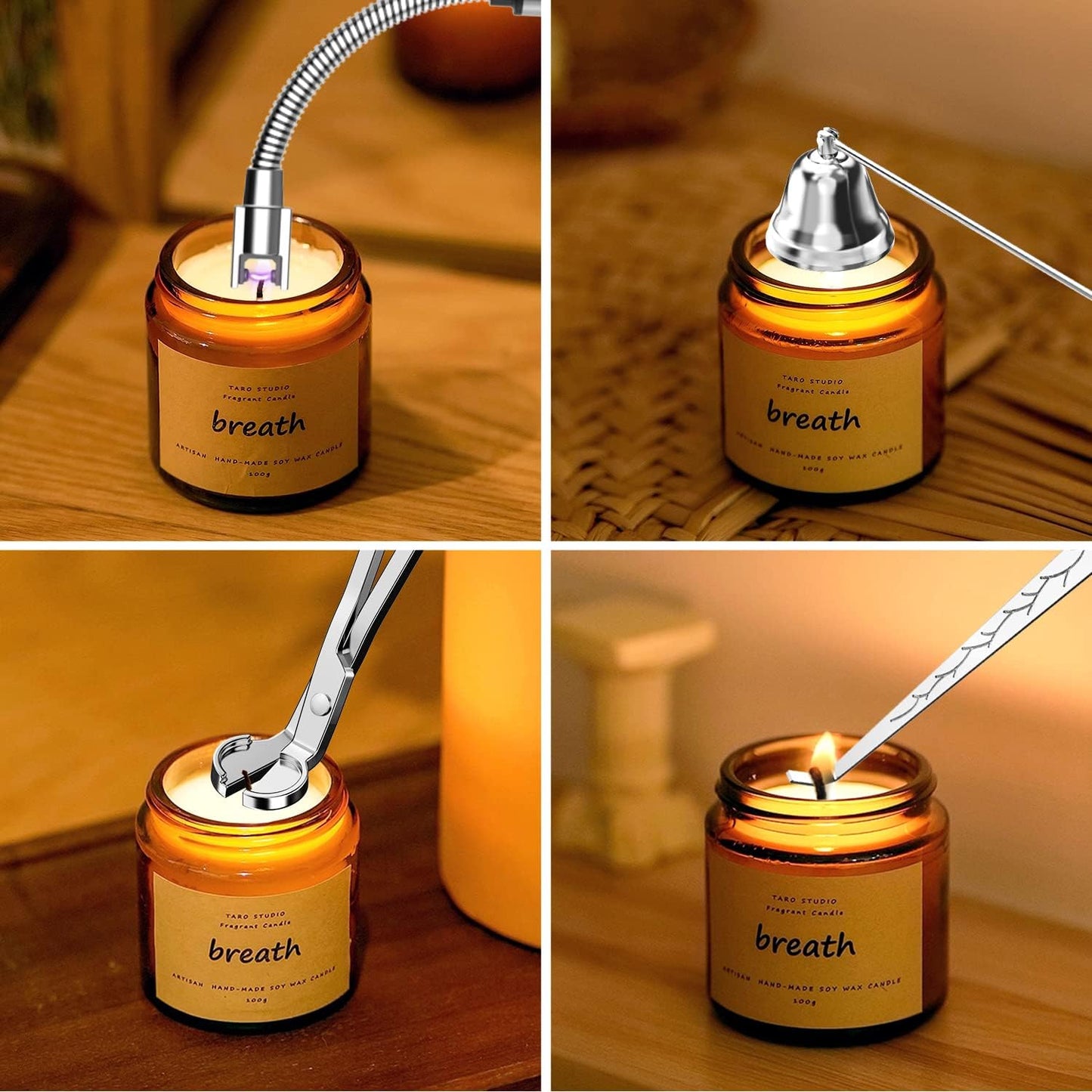 5 in 1 Candle Accessory Set,Candle Wick Trimmer Cutter,Candle Wick Dipper,Candle Wick Snuffer,Rechargeable Candle Lighter,Tweezers,Stainless Steel Candle Care Kit Home Gift for Aromatherapy