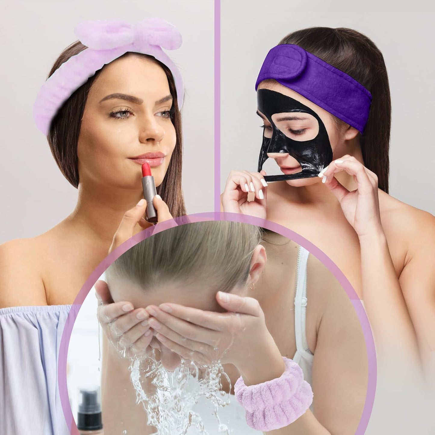 20 Piece Spa Set, Face Wash Headband and Wristband, Bubble Headband, Gifts for Ladies, Women's Headbands (Purple)