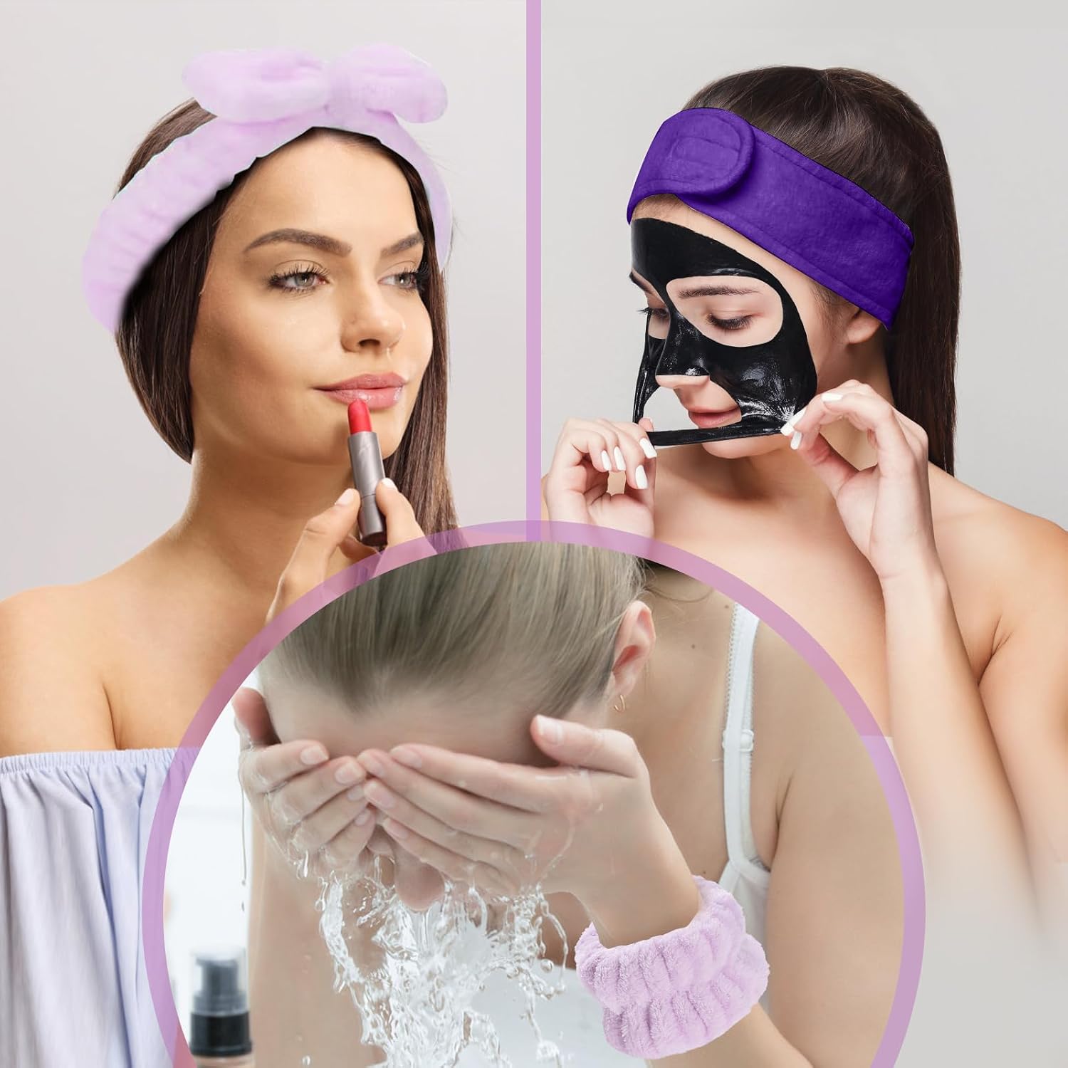 20 Piece Spa Set, Face Wash Headband and Wristband, Bubble Headband, Gifts for Ladies, Women's Headbands (Purple)