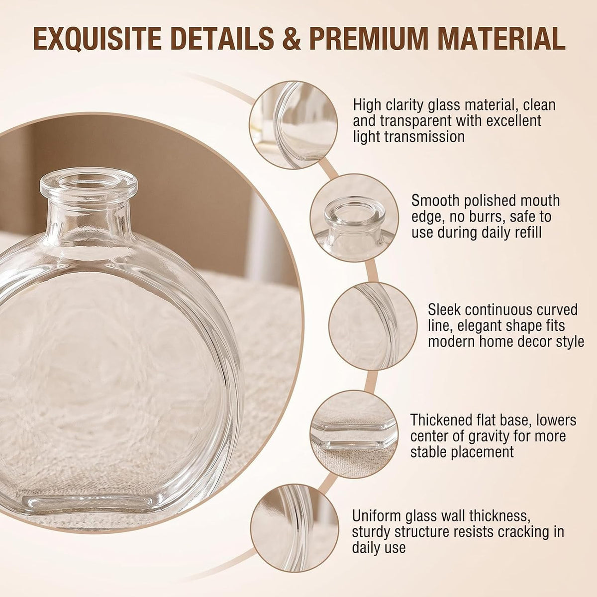 1 Pack 150ml/5oz Flat Round Clear Glass Reed Diffuser Bottles, Refillable Aromatherapy Essential Oil Bottles for Bathroom, Home &amp; Office Decor