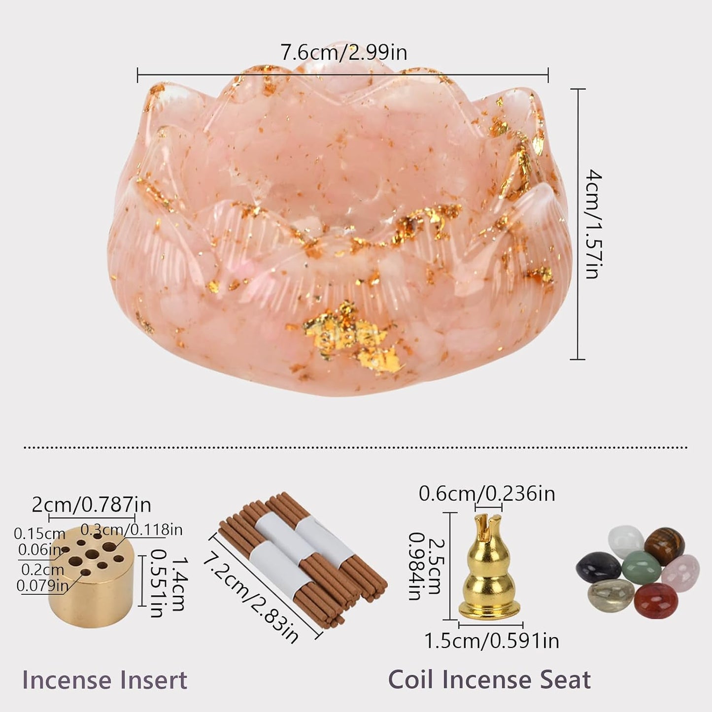 Crystal Lotus Bowl Incense Holder Set with Crushed Crystal Resin Bowl, Decorative Stones, Incense Sticks, Velvet Pouch, Gift Box, 3.0x3.0x1.55 Inch (Pink)