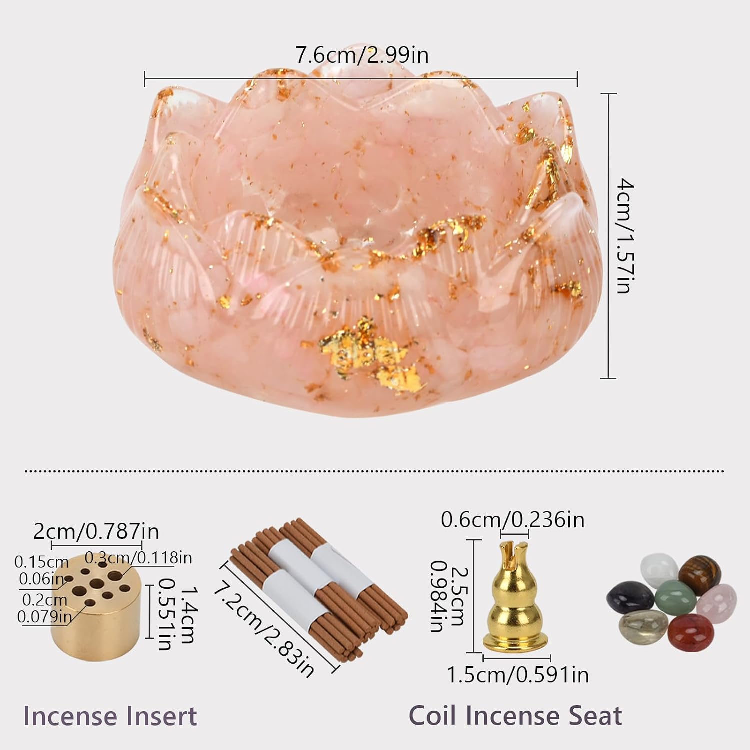 Crystal Lotus Bowl Incense Holder Set with Crushed Crystal Resin Bowl, Decorative Stones, Incense Sticks, Velvet Pouch, Gift Box, 3.0x3.0x1.55 Inch (Pink)