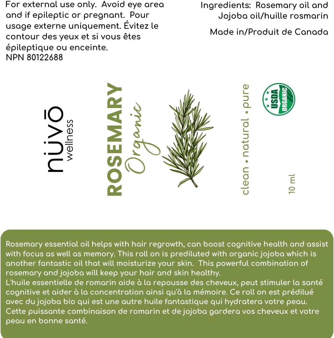 Rosemary Oil for Hair Growth - Blended with Organic Jojoba Oil - Use for Hair Skin Nails - Product of Canada - 10ml