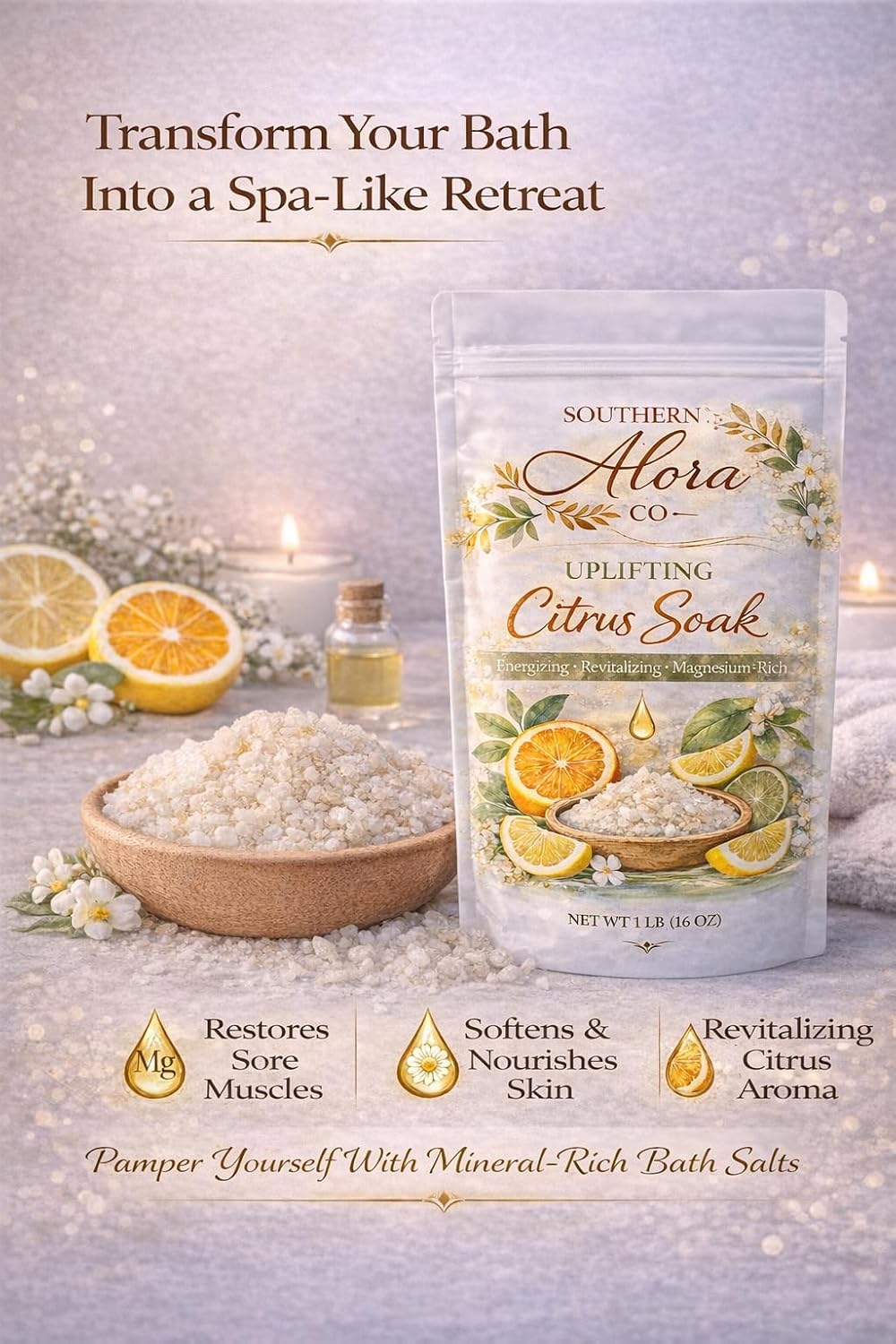 Bath Salts for Women Relaxing – Magnesium Bath Soak with Epsom Salts for Bath & Dead Sea Salt – Aromatherapy Citrus Bath Salts with Orange Lemon Grapefruit – Relaxing Spa Bath Soak – 1 lb