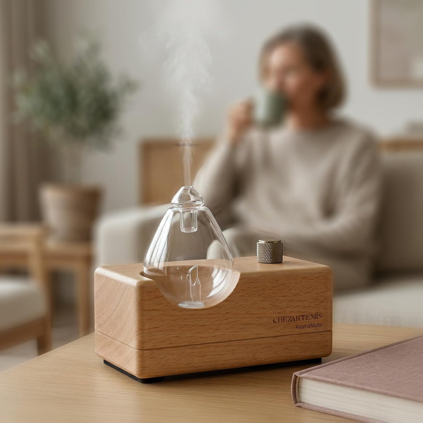 Waterdrop Glass Essential Oil Diffuser with Handmade Wood Base for Aromatherapy, Waterless Scent Diffuser for Yoga Home Office, Portable & Cordless Oil Nebulizer with LED & Timer, Gift of Fragrance