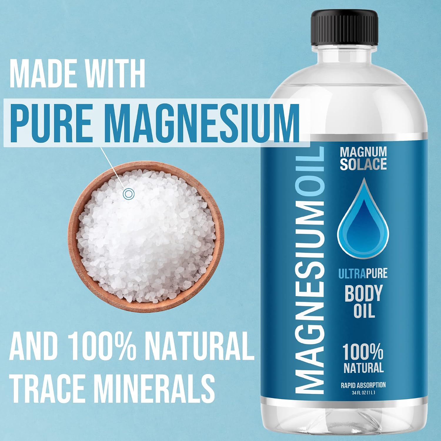 Magnesium Oil Spray and Bath Soak - Large 1 Liter (34 oz) and 2 oz Spray Bottle - Alternative to Magnesium Bath Flakes or Epsom Salts (2 Pack Bundle)