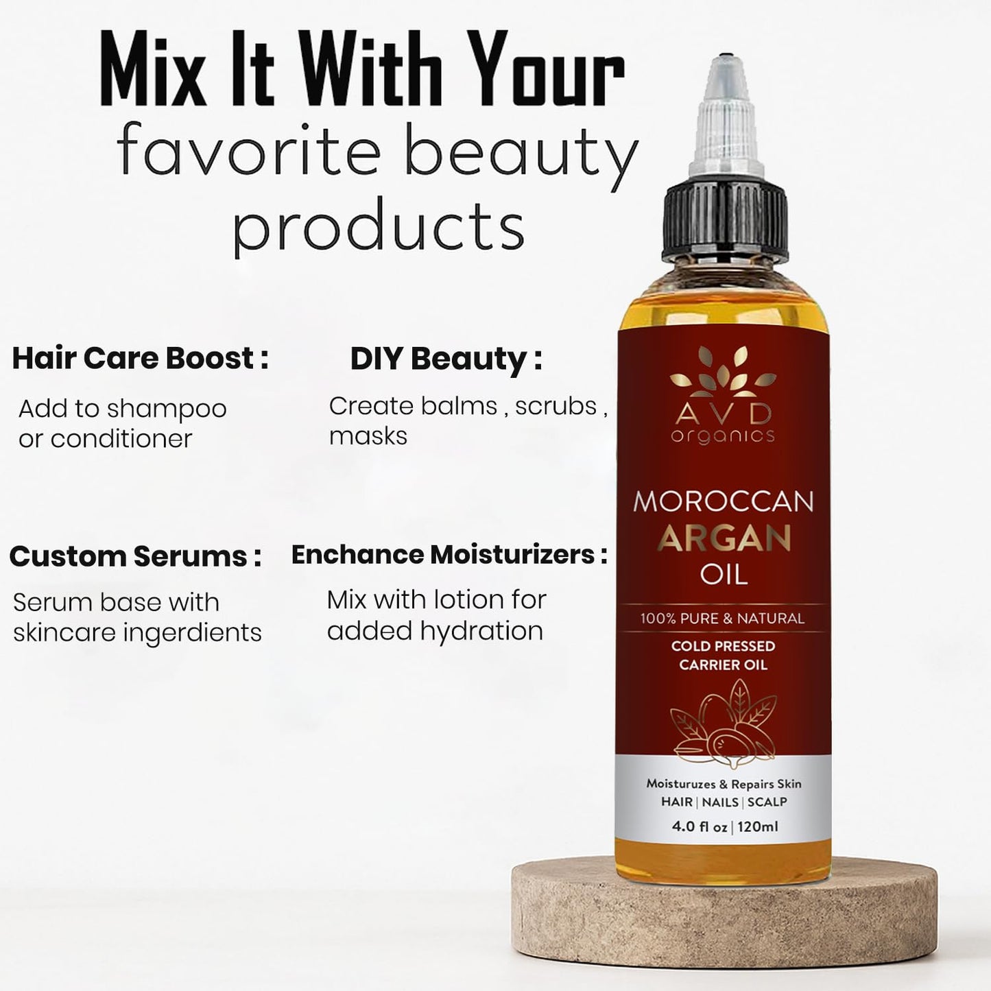 AVD Organics Argan Oil for Hair 120ml – 100% Pure & Natural Moroccan Argan Oil for Adult Hydration, Nourishing, Strengthening, Curly, Frizzy, Dry, Damaged Hair,Face, Skin, Scalp & Nails – (4.05 fl oz)