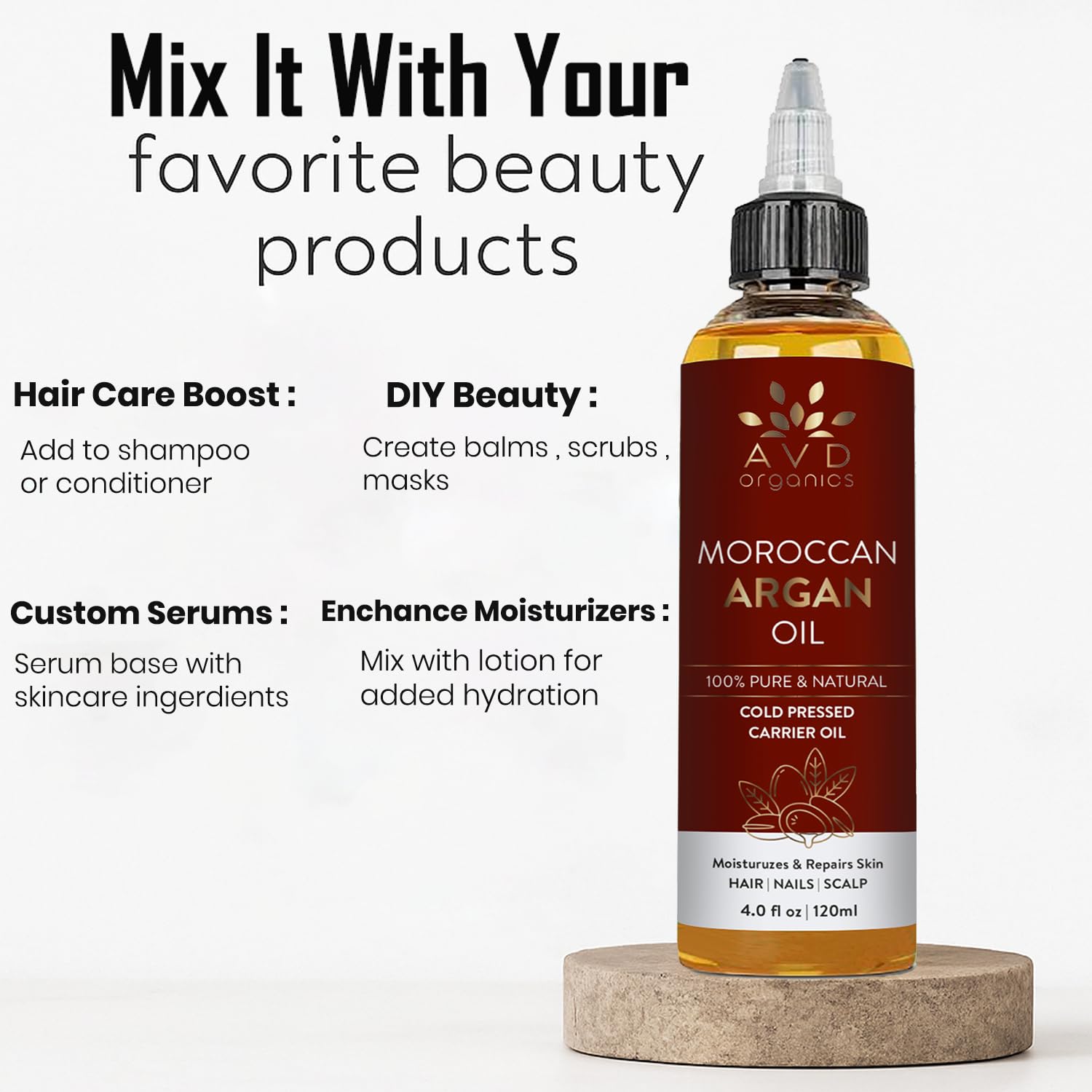 AVD Organics Argan Oil for Hair 120ml – 100% Pure & Natural Moroccan Argan Oil for Adult Hydration, Nourishing, Strengthening, Curly, Frizzy, Dry, Damaged Hair,Face, Skin, Scalp & Nails – (4.05 fl oz)