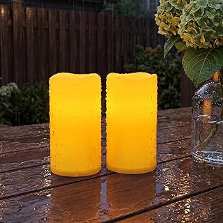 Raycare 3"x6" Outdoor Waterproof Flameless Candles-Auto Light Sensor Dusk to Dawn, 2Pcs Flickering LED Candle, Battery Operated Electric Fake Pillar Candle for Garden, Porch, Patio, Lantern Decor