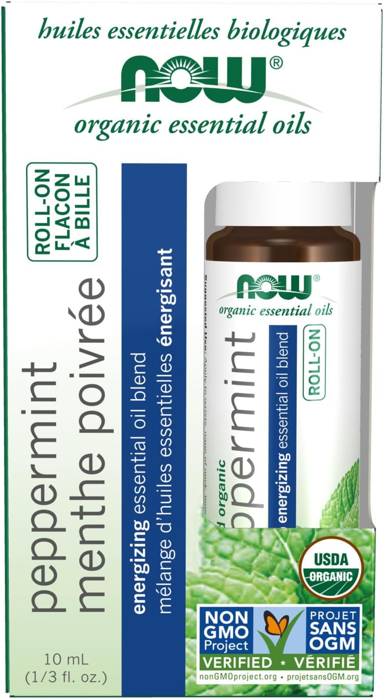 NOW Foods Essential Oils, Peppermint Roll-On, Certified Organic, Energizing Blend, Steam Distilled, Topical Aromatherapy, 10-mL
