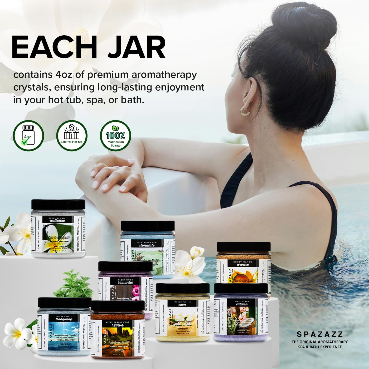 Hot Tub Aromatherapy Bath Salt 8-Pack Botanicals Bundle (4oz) - Apple Sandalwood, French Vanilla, Flora Wood, Ocean Breeze Pina Colada, Honey Mango,Tropical Rain, Eucalyptus, with Hot Cold Towel