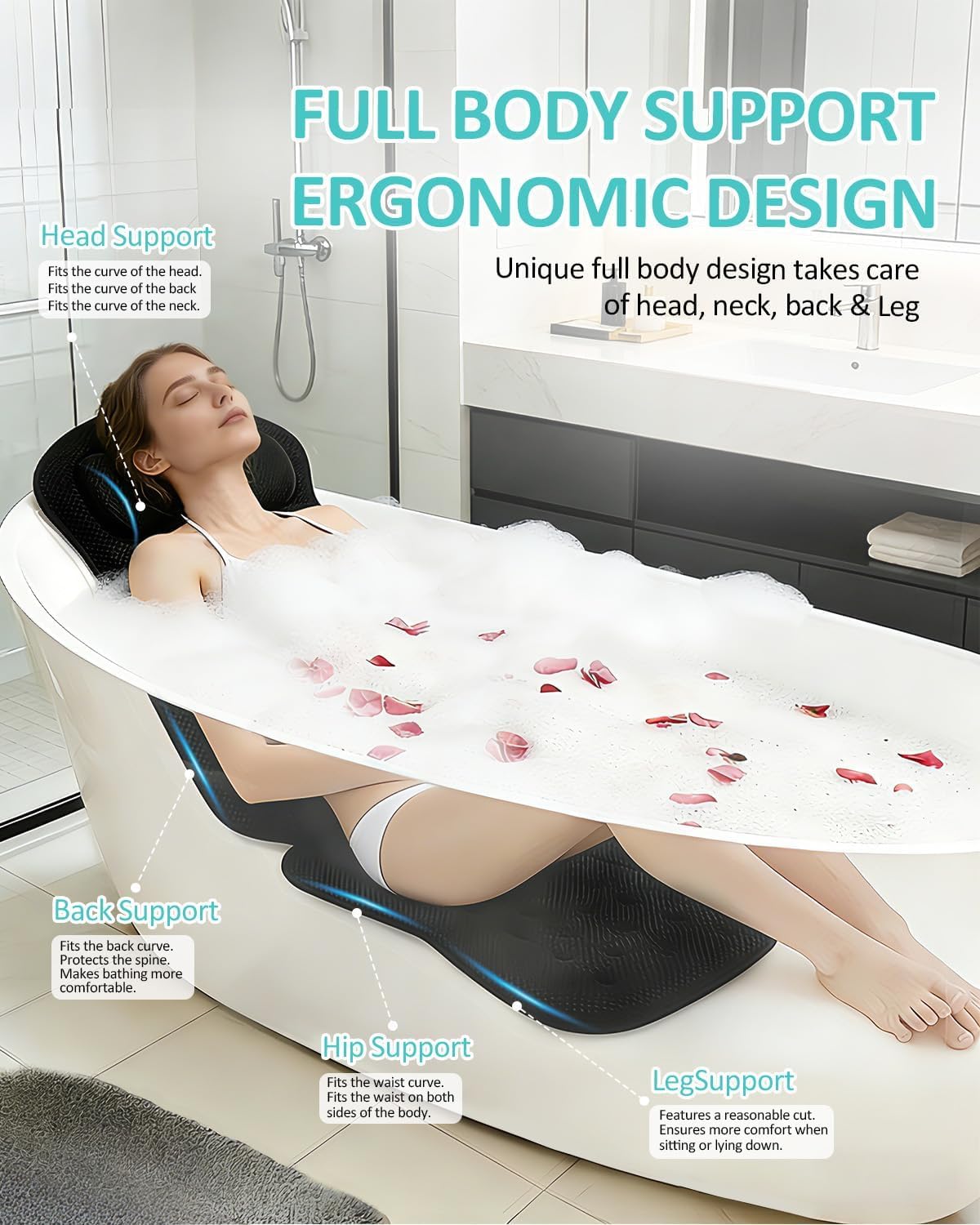 Full Body Bath Pillow for Bathtub, 5D Thick Tub Pillow for Bathtub with 192 Non-Slip Suction Cups, Laundry Bag & Hook, Bathtub Pillow for Head, Neck & Back Support (Black, 51"*15")