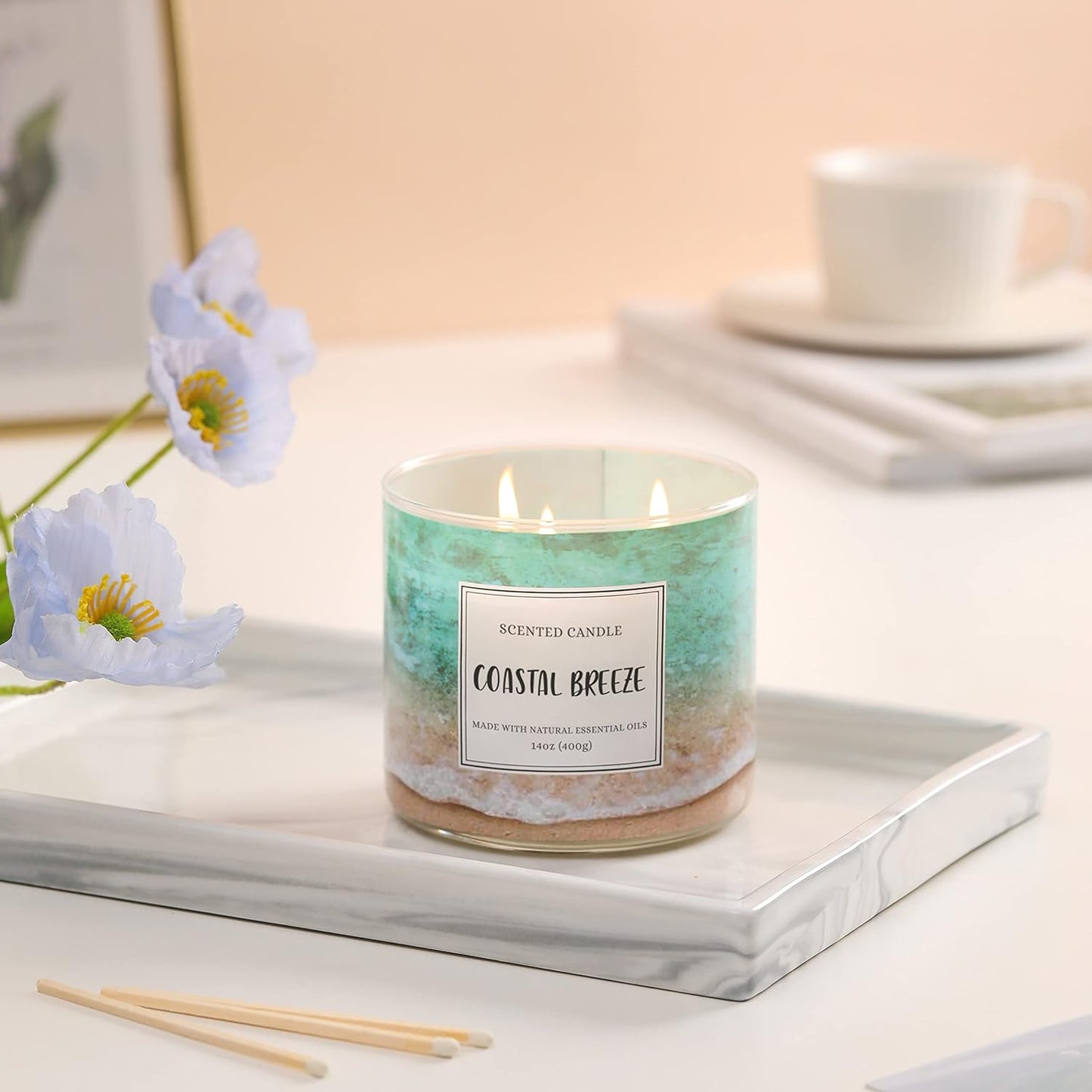 Coastal Breeze Scented Candle, 14 oz Summer Ocean Beach Candle Gift for Women and Men, Natural Soy Wax, 3 Wicks, Up to 40 Hours Burning Time