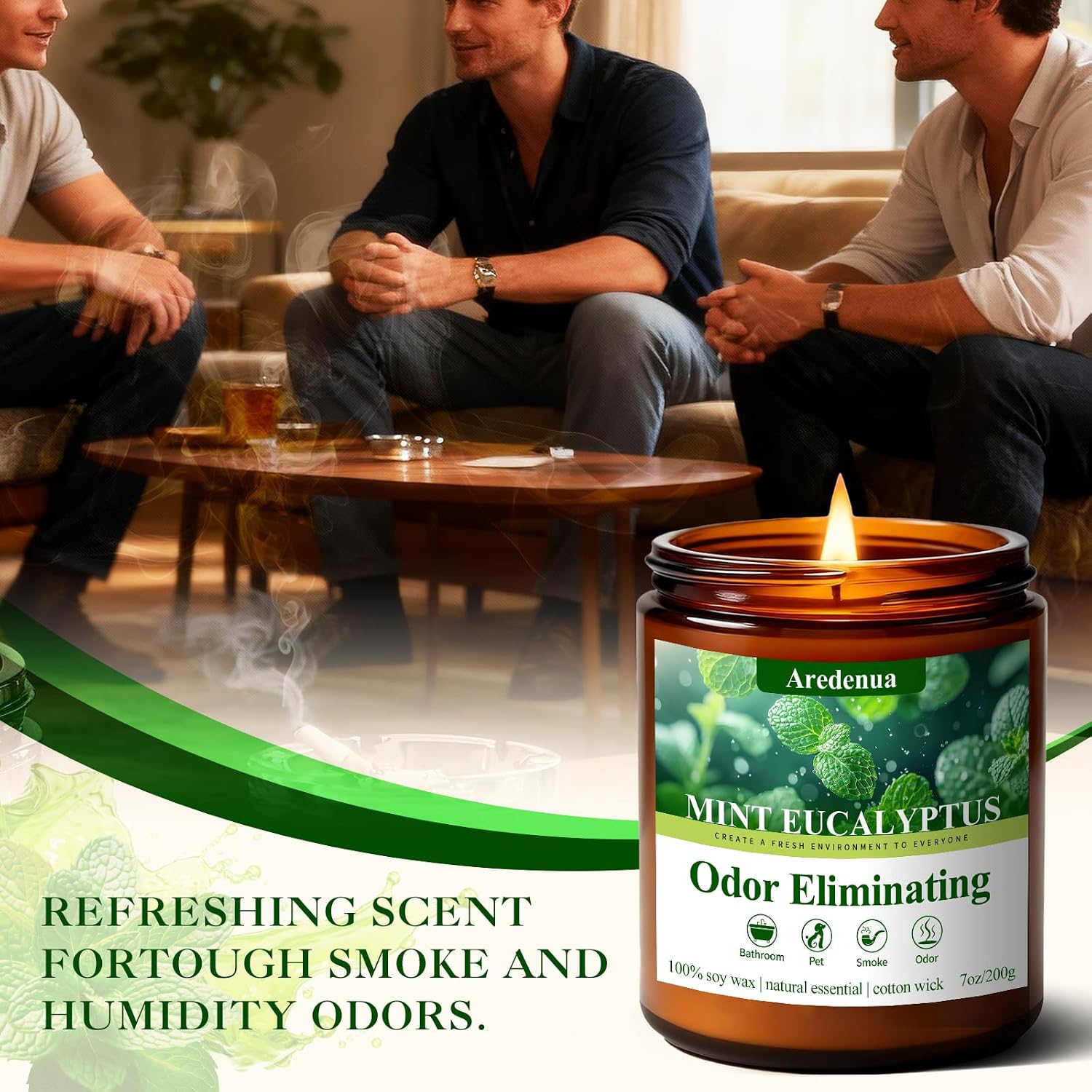 Mint Eucalyptus Odor Eliminating Candles | Eliminates 95% of Pet, Smoke, Food & Other Smells – Air Freshing Scented Candles - Gifts for Women Men, 50 Hour Burn time - 7 oz Natural Soy Wax