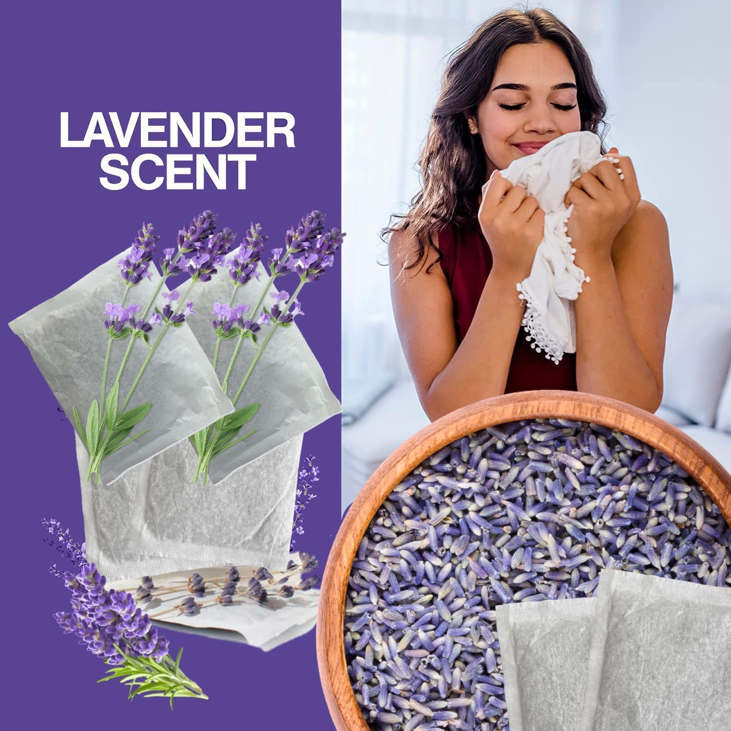 Lavender Dryer Sachets, Premium Extra Flowers, Lavender Scented Sachets for Drawers and Closets, Natural Air Freshener Bags, Odor Eliminator for Closet, Car, Shoes, Gym Bag, Suitcase, Luggage (6 Pack)