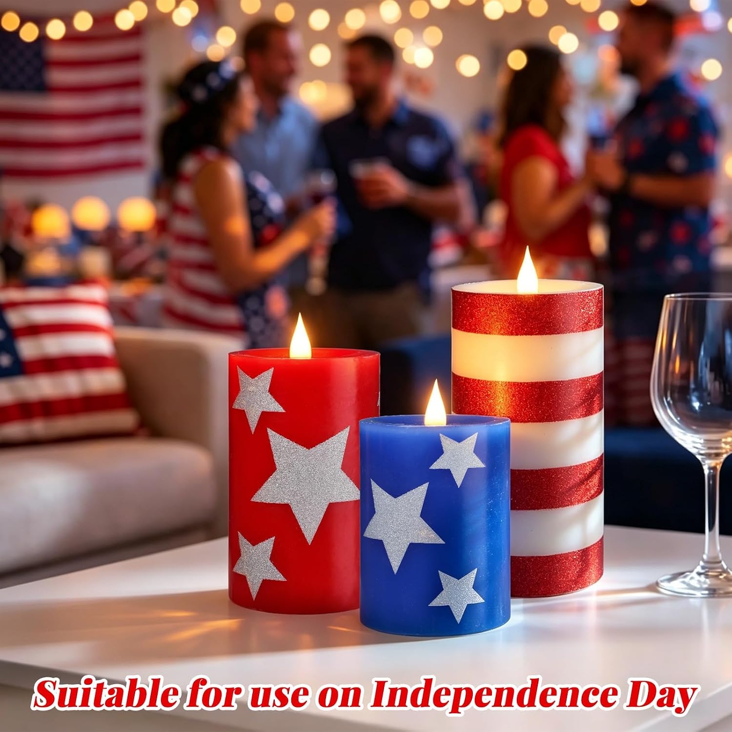 Set of 3 Patriotic Flameless Candles, Red White and Blue Battery Operated Pillar Candles, Patriotic Candles for 4th of July Independence Day Home Decor