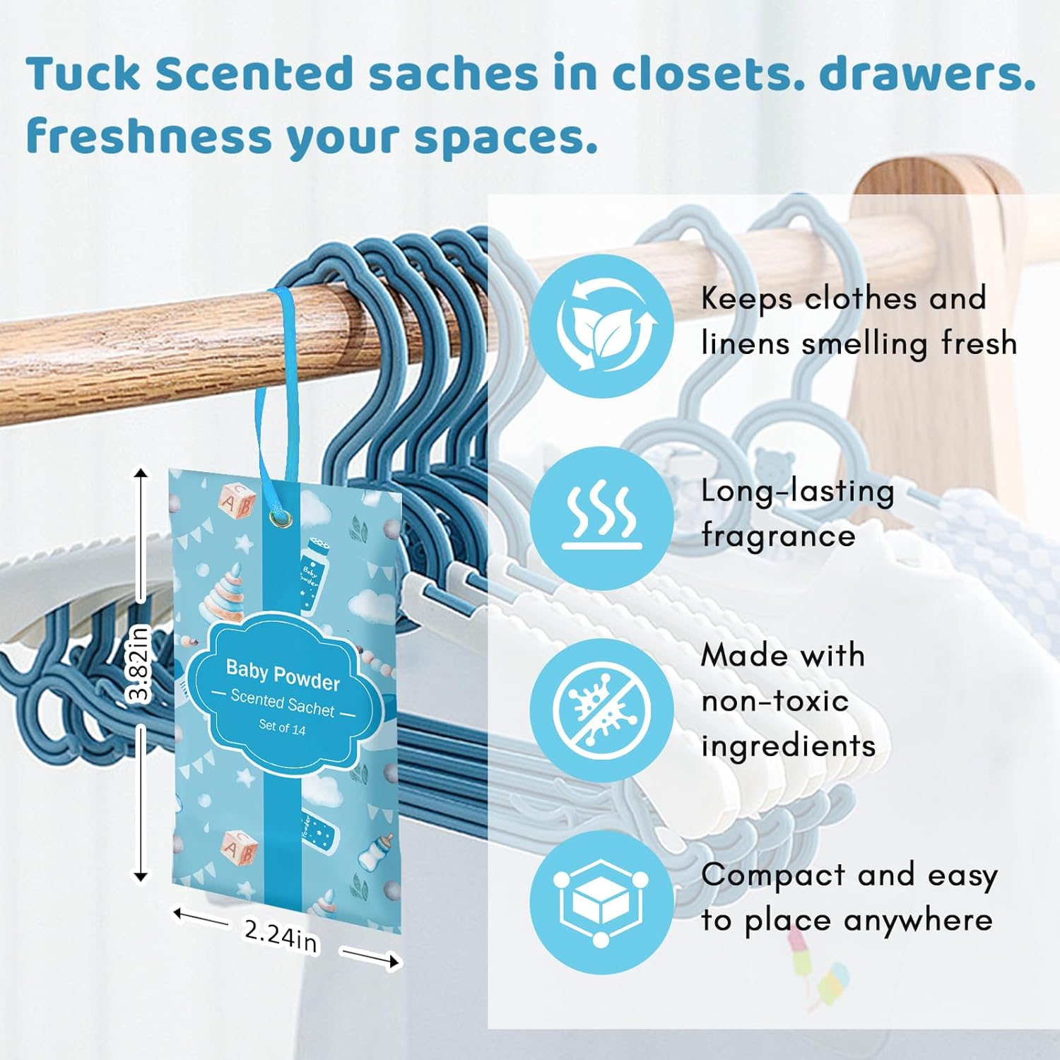 SCENTORINI Scented Sachets for Drawers and Closets, Baby Powder Scent 14 Pack, Long-Lasting Sachets Bags Wardrobe Freshener for Drawers, Closets, Handbags, Suitcases