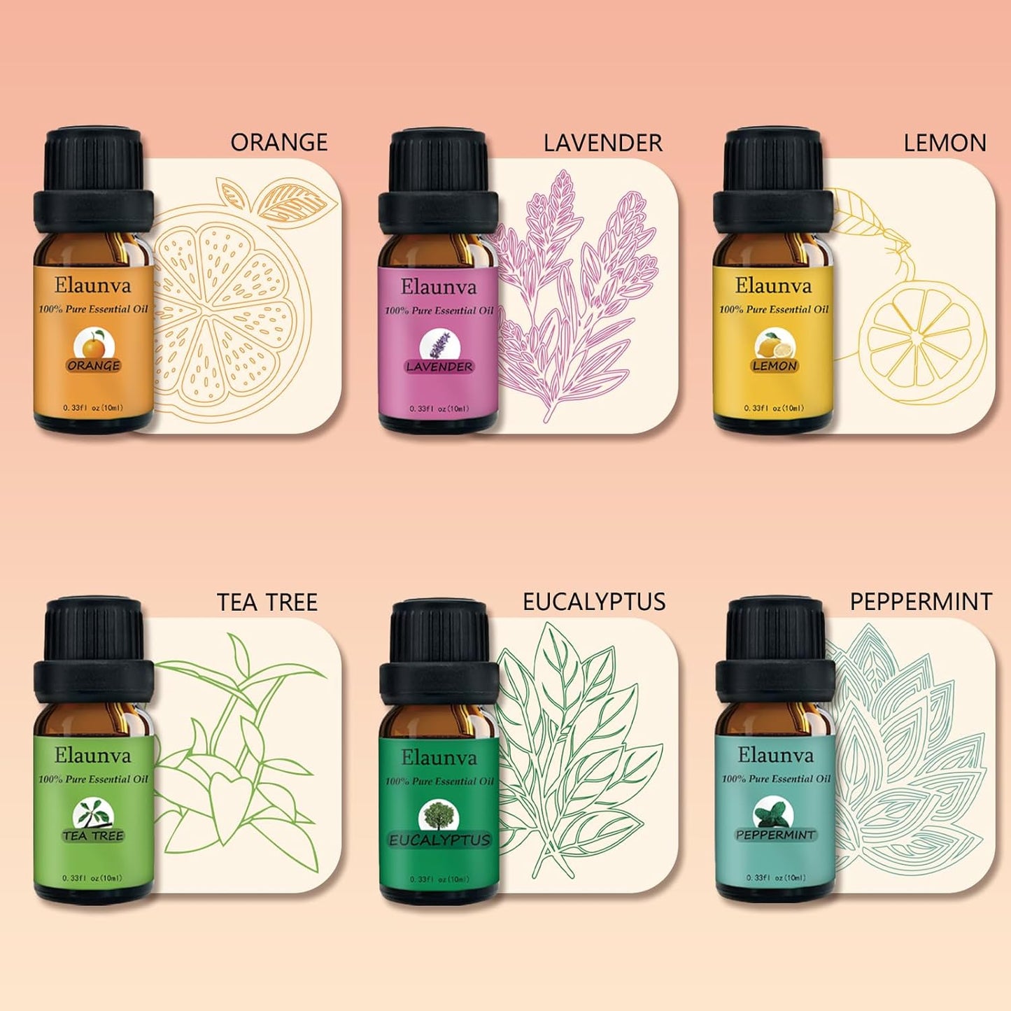 Essential Oils Aromatherapy Set - 6 Oils for Diffusers, Home Care, Candle Making Scents, Fragrance, Humidifiers,Tree Eucalyptus Lavender Orange Peppermint Lemon Gifts (6 * 10mL)