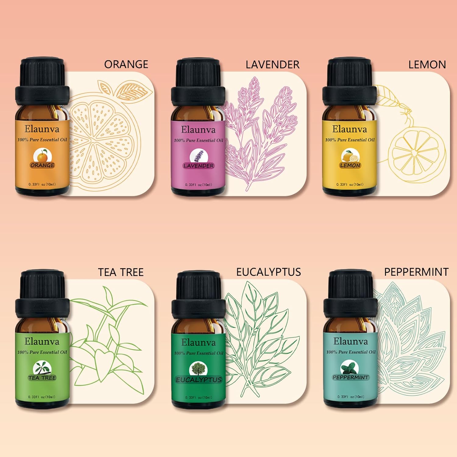 Essential Oils Aromatherapy Set - 6 Oils for Diffusers, Home Care, Candle Making Scents, Fragrance, Humidifiers,Tree Eucalyptus Lavender Orange Peppermint Lemon Gifts (6 * 10mL)