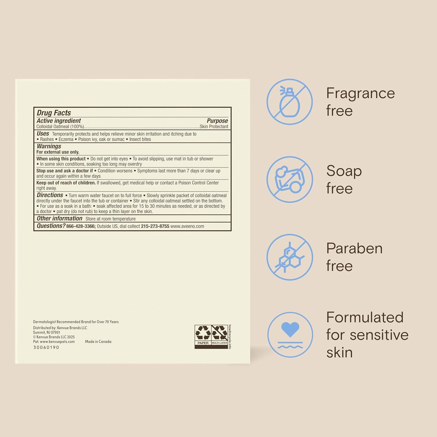 Aveeno Soothing Bath Treatment, Natural Colloidal Oatmeal Bath for Eczema, Sensitive Skin, Fragrance-Free Formula, Eczema Bath Soak Relieves Itchy, Dry Skin, Individual Packets, 8 ct.