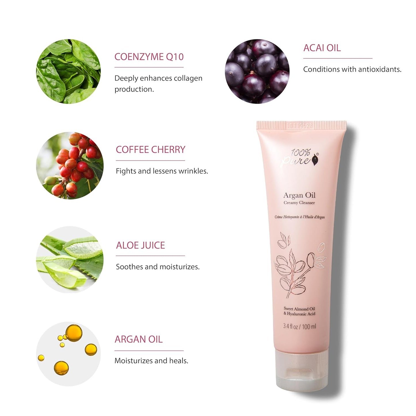 100% PURE Argan Oil Creamy Cleanser Daily Moisturizing Face Wash & Makeup Remover - Natural Anti-Aging Cleansing Botanicals for Clear Skin & Healthy Radiant Glow - 3.4 Fl Oz