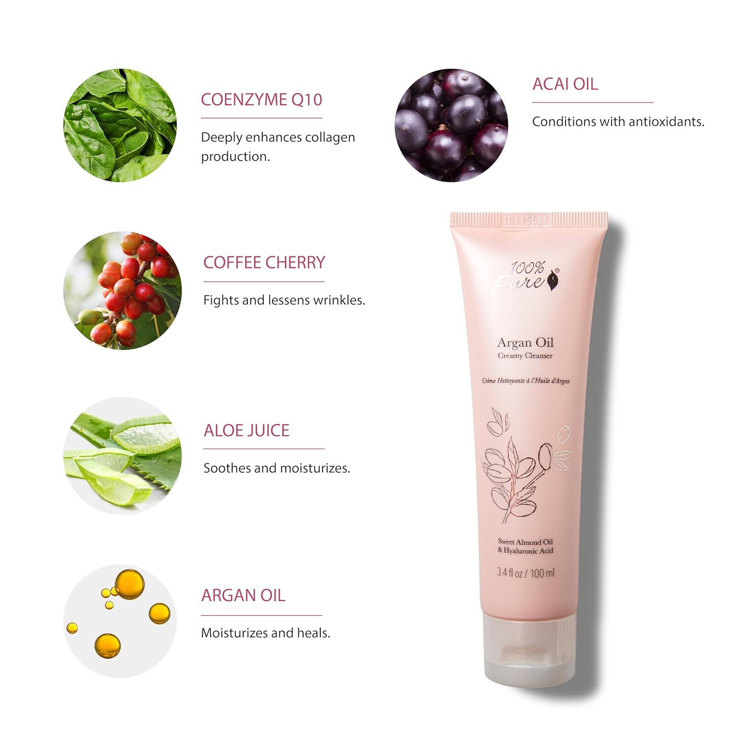 100% PURE Argan Oil Creamy Cleanser Daily Moisturizing Face Wash & Makeup Remover - Natural Anti-Aging Cleansing Botanicals for Clear Skin & Healthy Radiant Glow - 3.4 Fl Oz